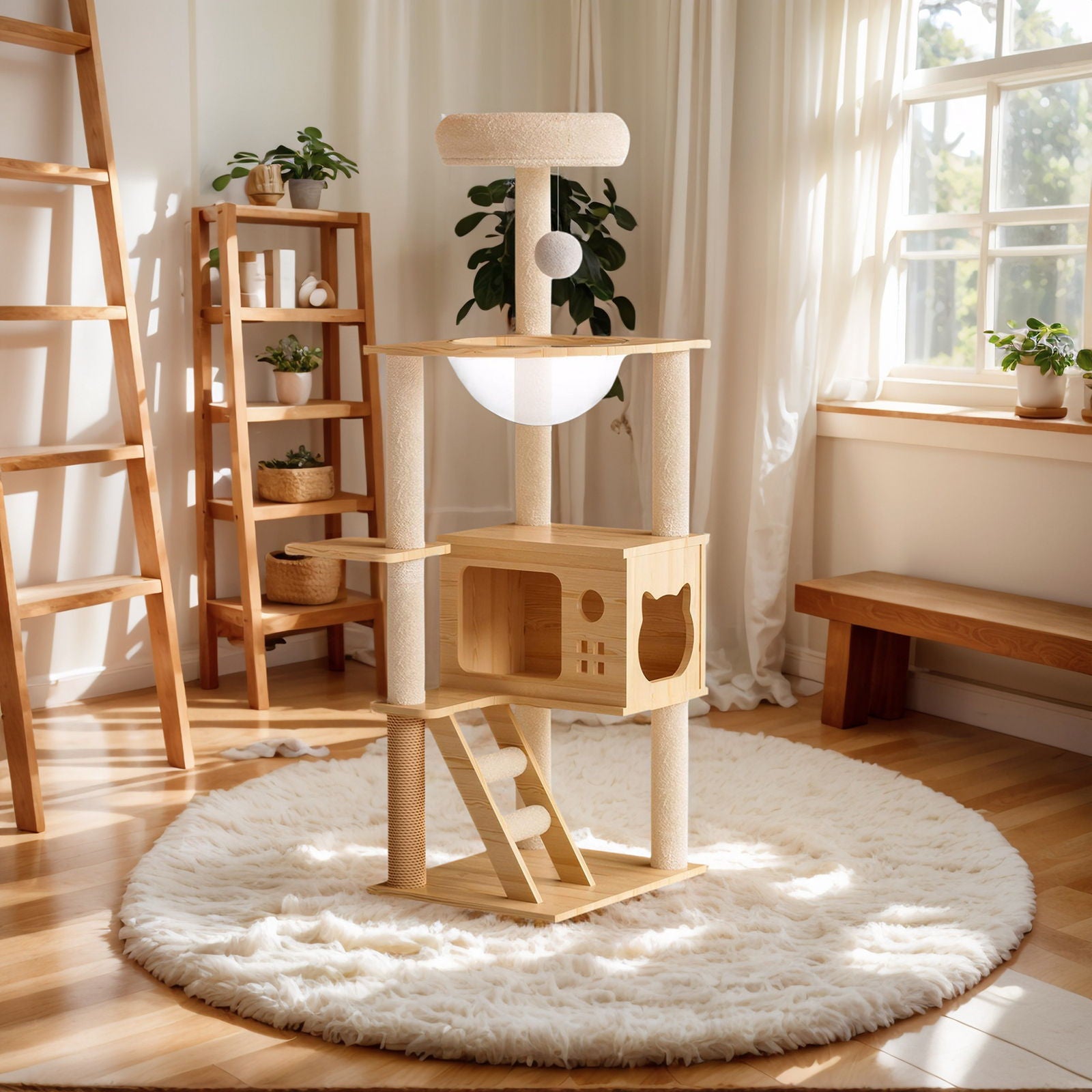Modern Cat Tower, Wood Cat Tree Tower For Indoor Cats, Cat Tree With Sisal Covered Scratching Posts And Top Perch - Natural / White - Best Buy Furniture