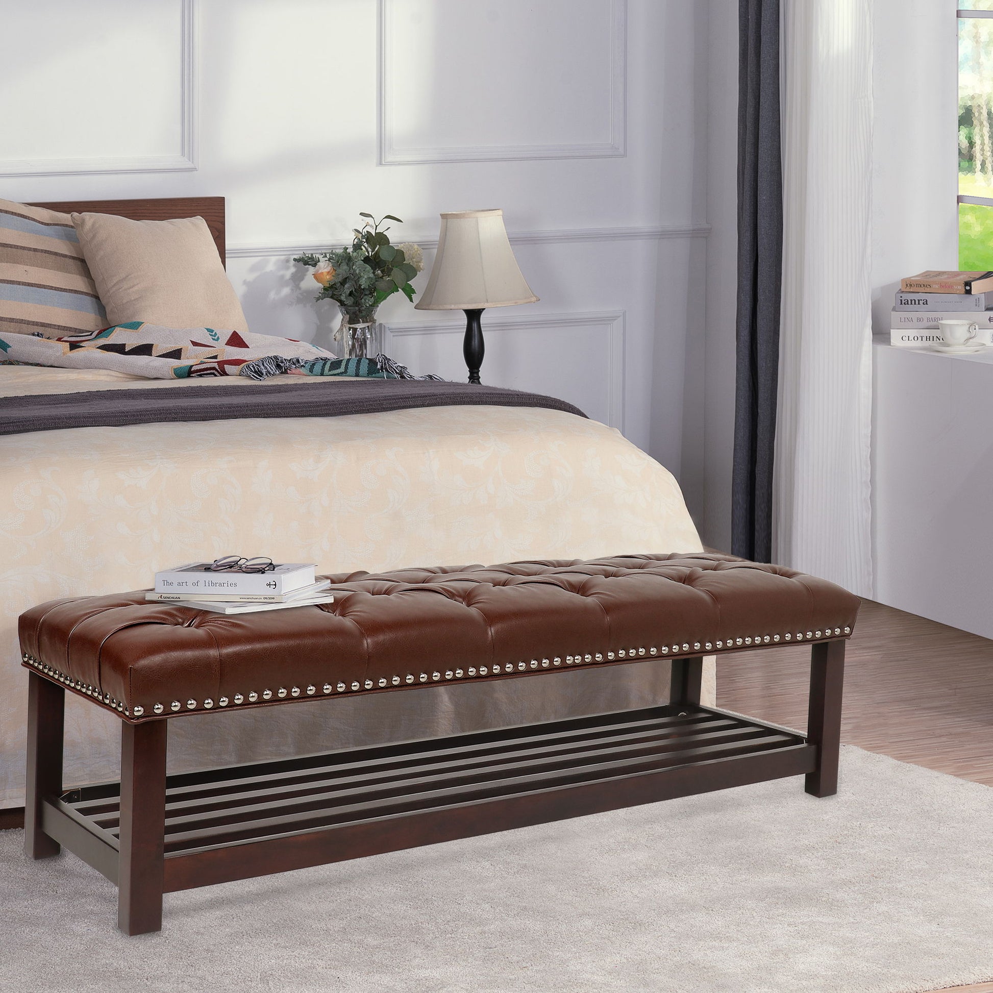Bedroom End Of Bed Bench Tufted Upholstered End Of Bed Bench End Of Bed Entrance Shoe Bench With Nailhead Trim And Shelf Bedroom Upholstered Leather Bench Living Room Shoe Rack Footstool - Best Buy Furniture