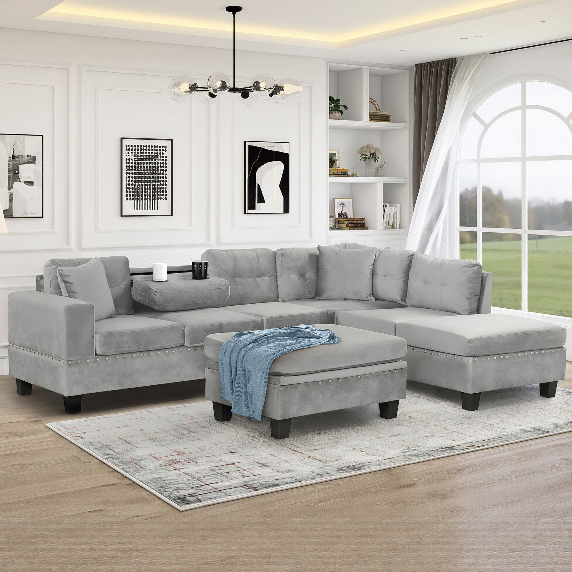 Modern Sectional Sofa With Storage Ottoman, L - Shape Couch With 2 Pillows And Cup Holders - Best Buy Furniture