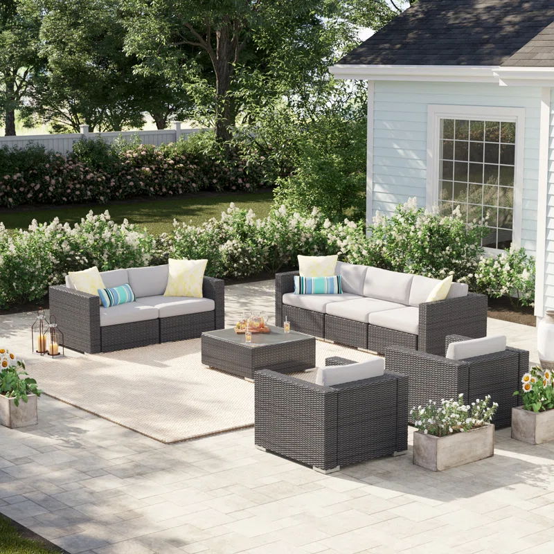 7 Person Outdoor Seating Group With Cushions - Gray / Silver - Best Buy Furniture