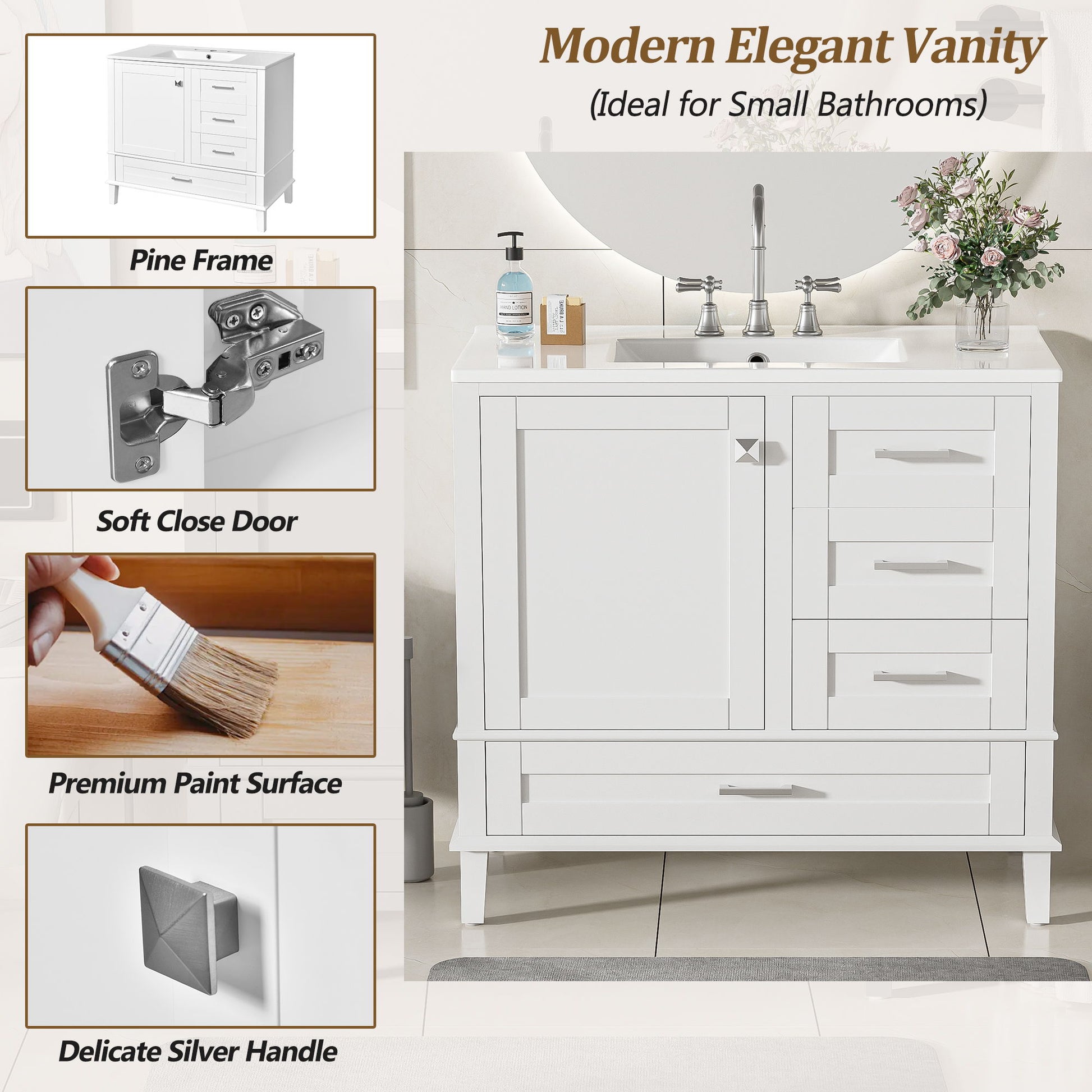 Bathroom Vanity, Modern Bathroom Cabinet With Sink Combo Set, Bathroom Storage Cabinet With A Soft Closing Door And 3 Drawers, Solid Wood Frame - Best Buy Furniture