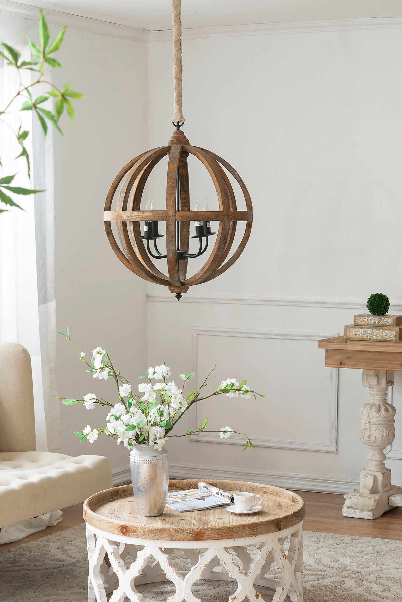 4 Light Wood Chandelier, Hanging Light Fixture With Adjustable Chain For Kitchen, Bulb Not Included - Brown - Best Buy Furniture