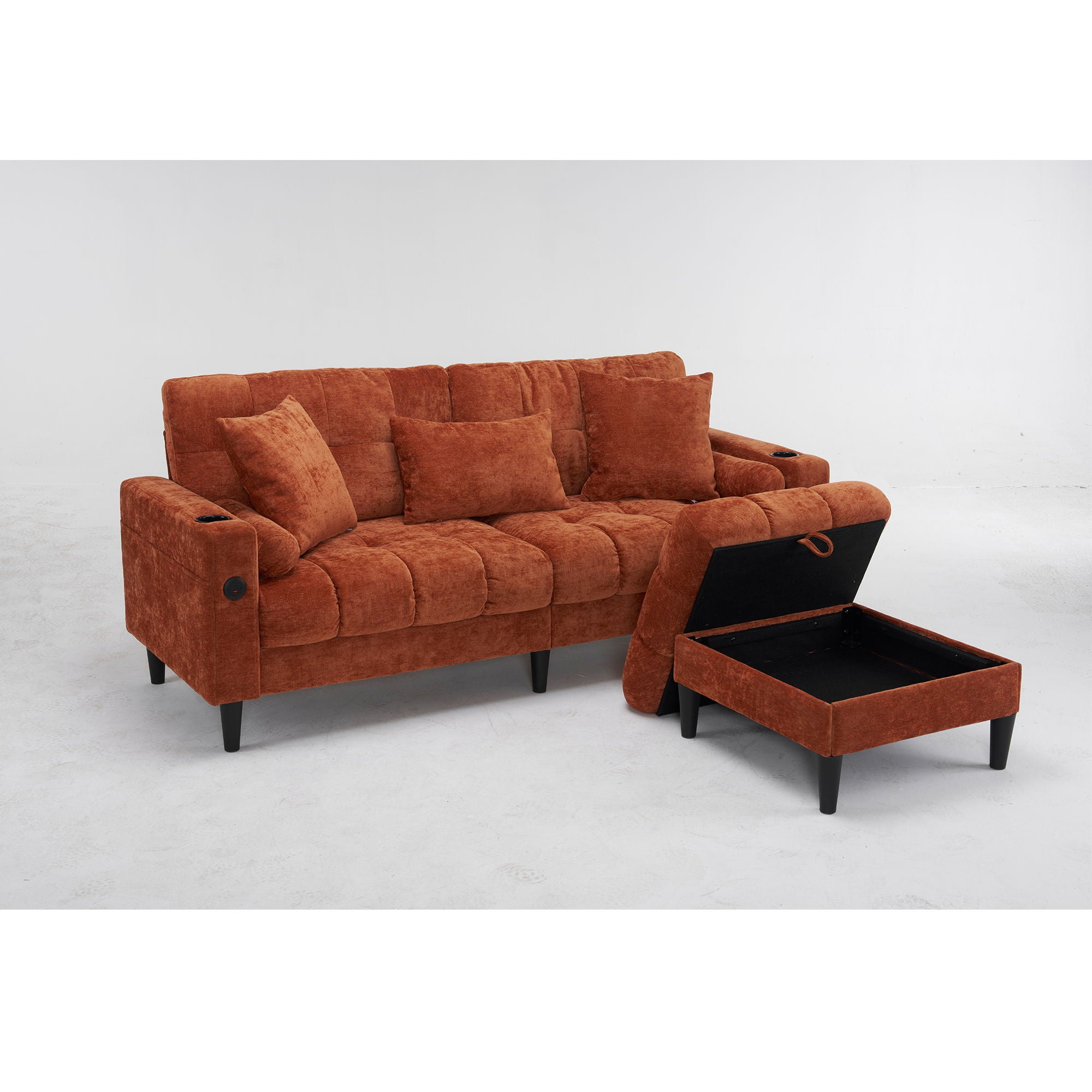 3 Seat L-Shaped Chenille Sofa With Removable And Storage Ottoman, Side Storage, And USB / C - Type Charging Ports Sofa For Living Room - Best Buy Furniture