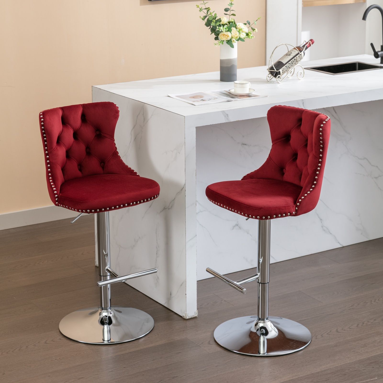Swivel Velvet Barstools Adjusatble Seat Height From 25-33", Modern Upholstered Chrome Base Bar Stools With Backs Comfortable Tufted For Home Pub And Kitchen Island (Set of 2) - Best Buy Furniture