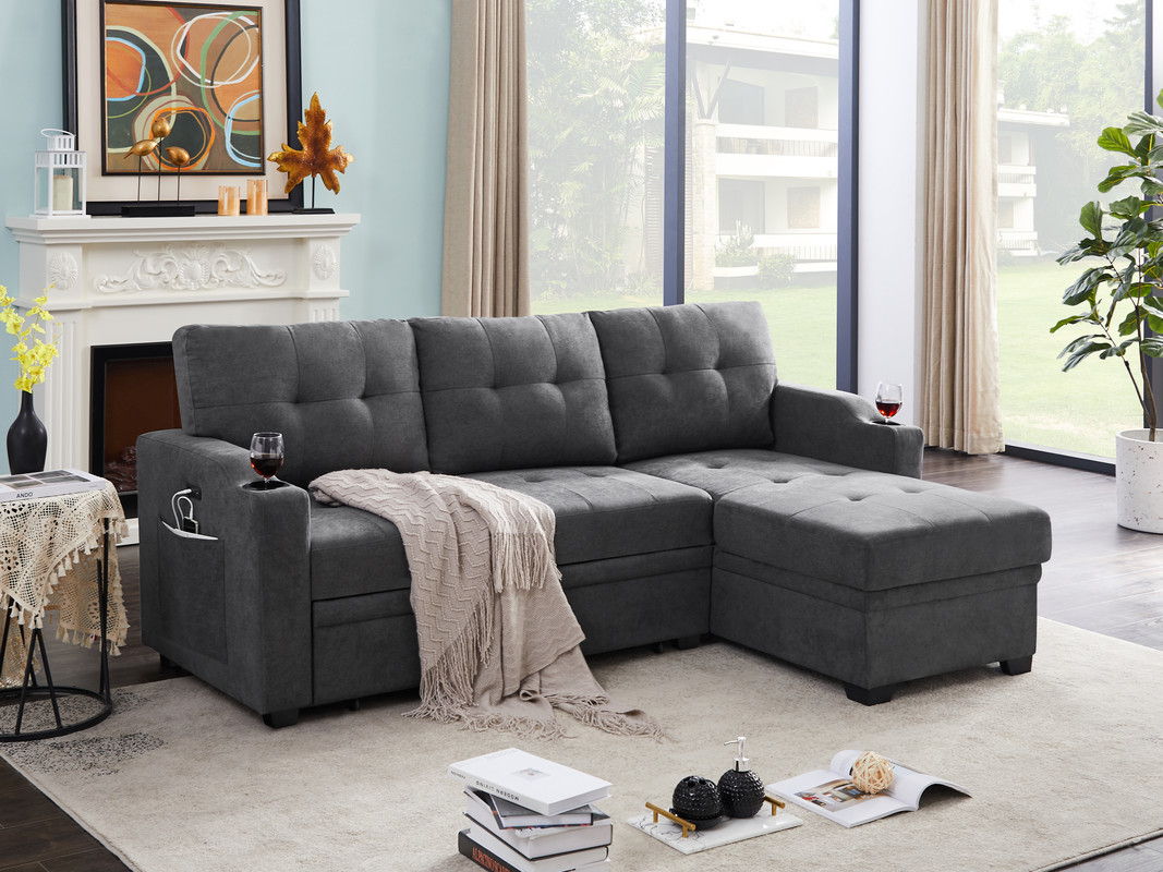 Mabel - Woven Fabric Sleeper Sectional With Cupholder, USB Charging Port nd Pocket - Dark Gray - Best Buy Furniture