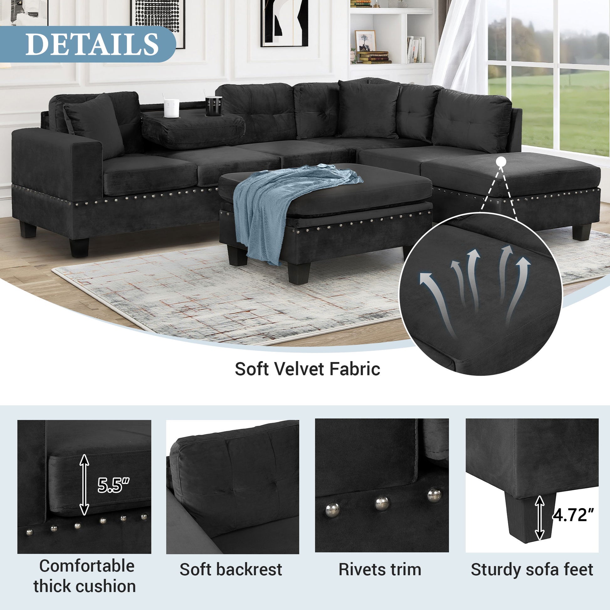 Modern Sectional Sofa With Storage Ottoman, L - Shape Couch With 2 Pillows And Cup Holders - Best Buy Furniture