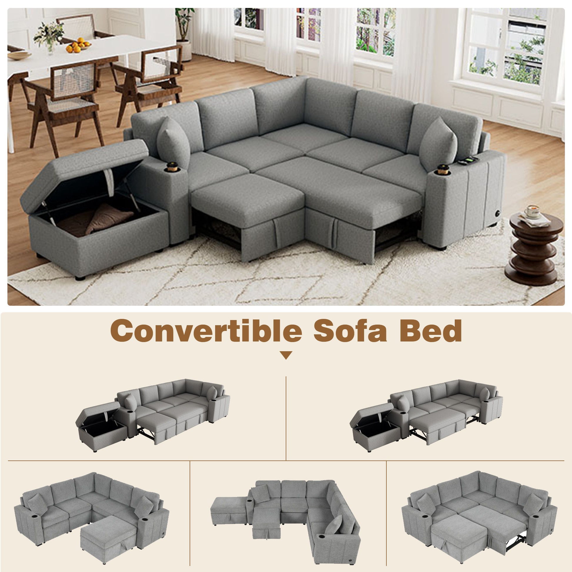 Sectional Sofa Convertible Pull-Out Sofa Bed With A Movable Storage Ottoman For Living Room - Best Buy Furniture