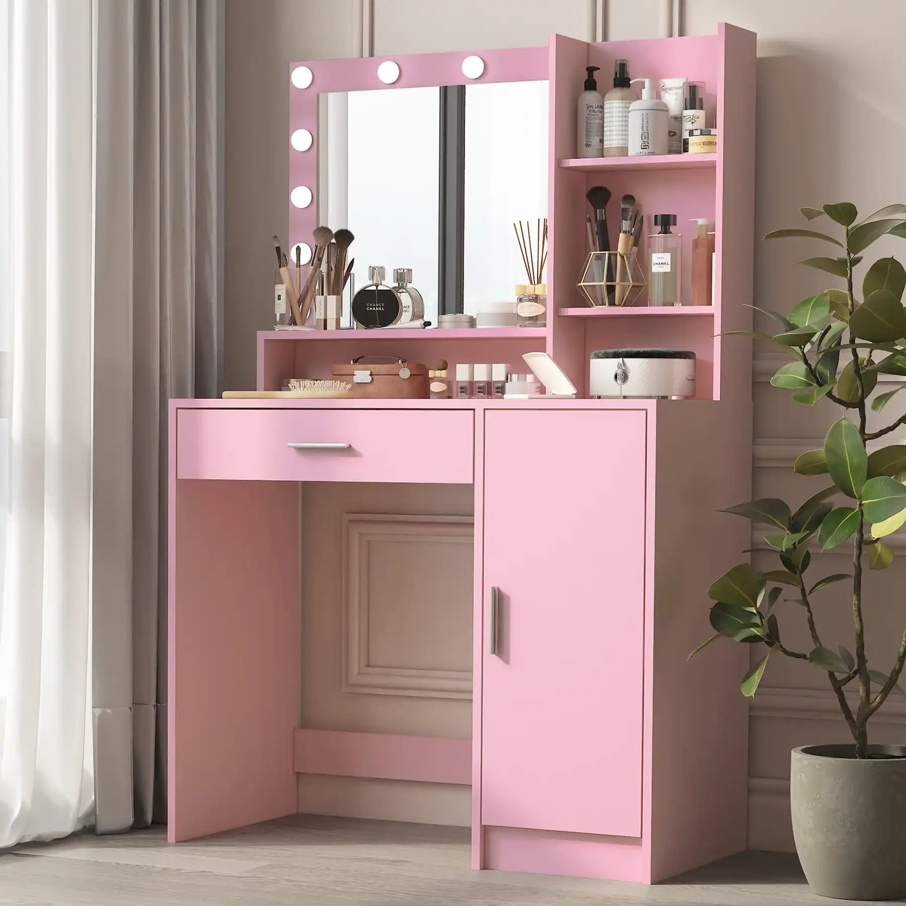 Vanity Desk with Mirror & Light, Pink Dressing Table - Best Buy Furniture