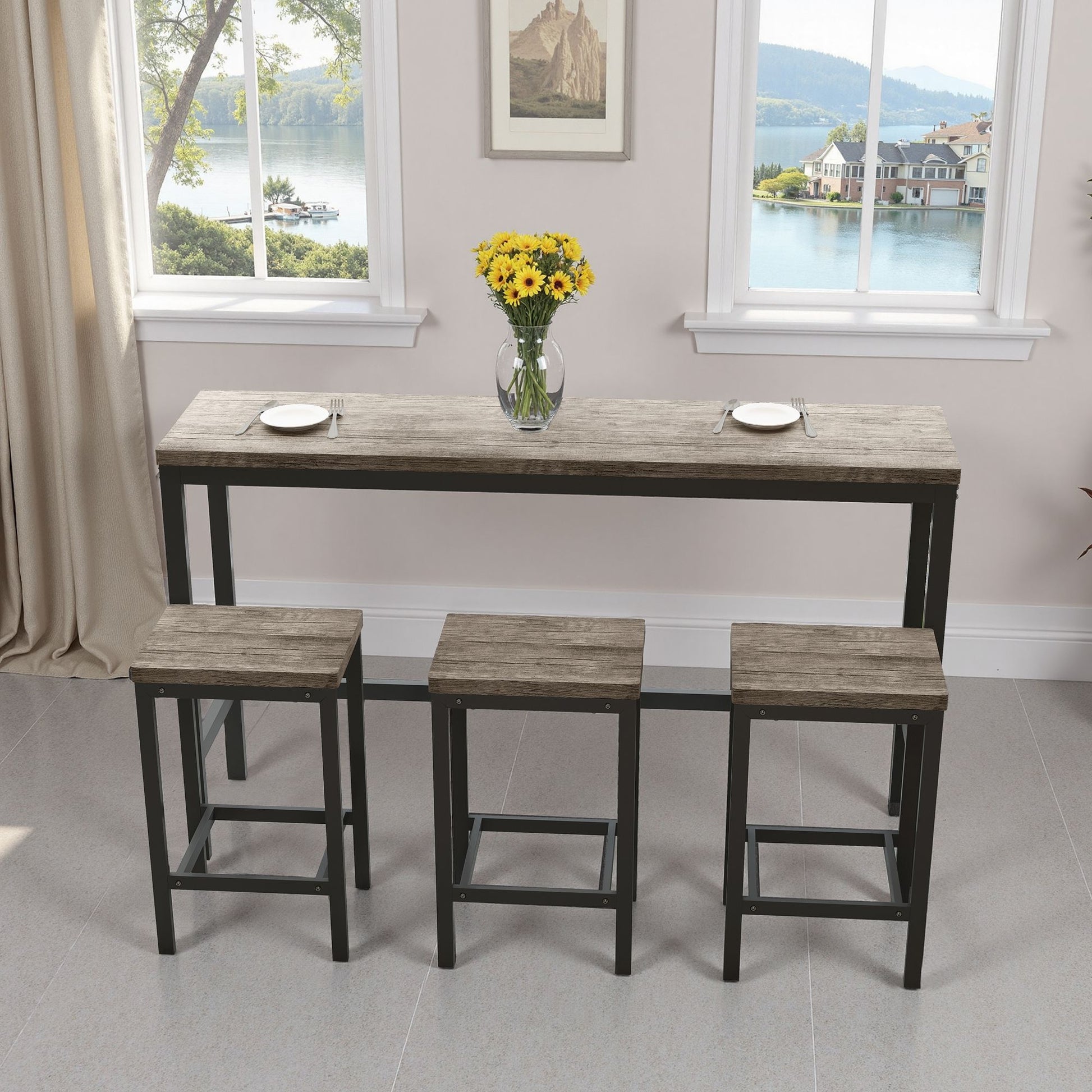 Modern Design Long Dining Table Set With 3 Stools - Best Buy Furniture
