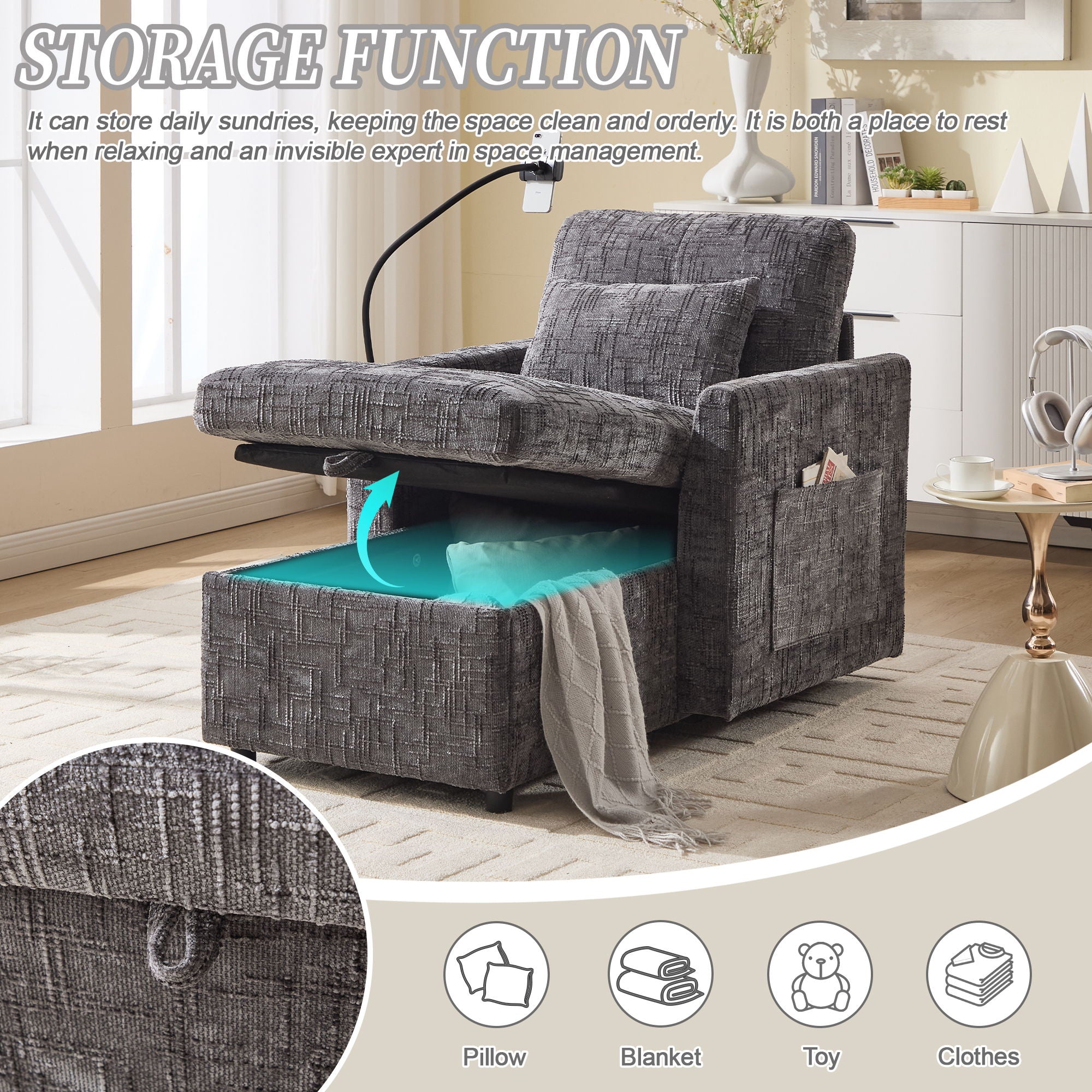 Multifunctional Chenille Recliner Sofa With Storage And Phone Bracket - Best Buy Furniture