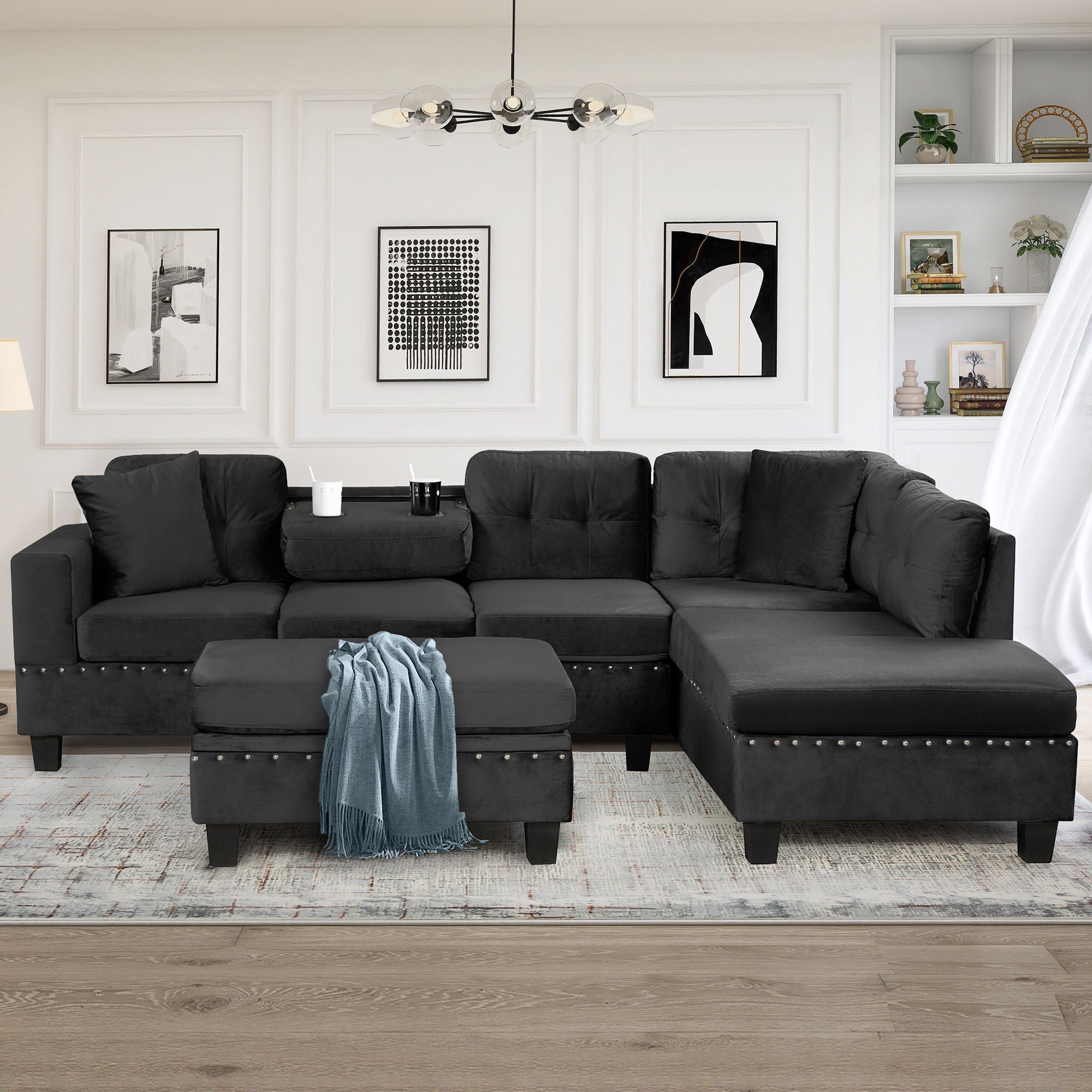 Modern Sectional Sofa With Storage Ottoman, L - Shape Couch With 2 Pillows And Cup Holders - Best Buy Furniture