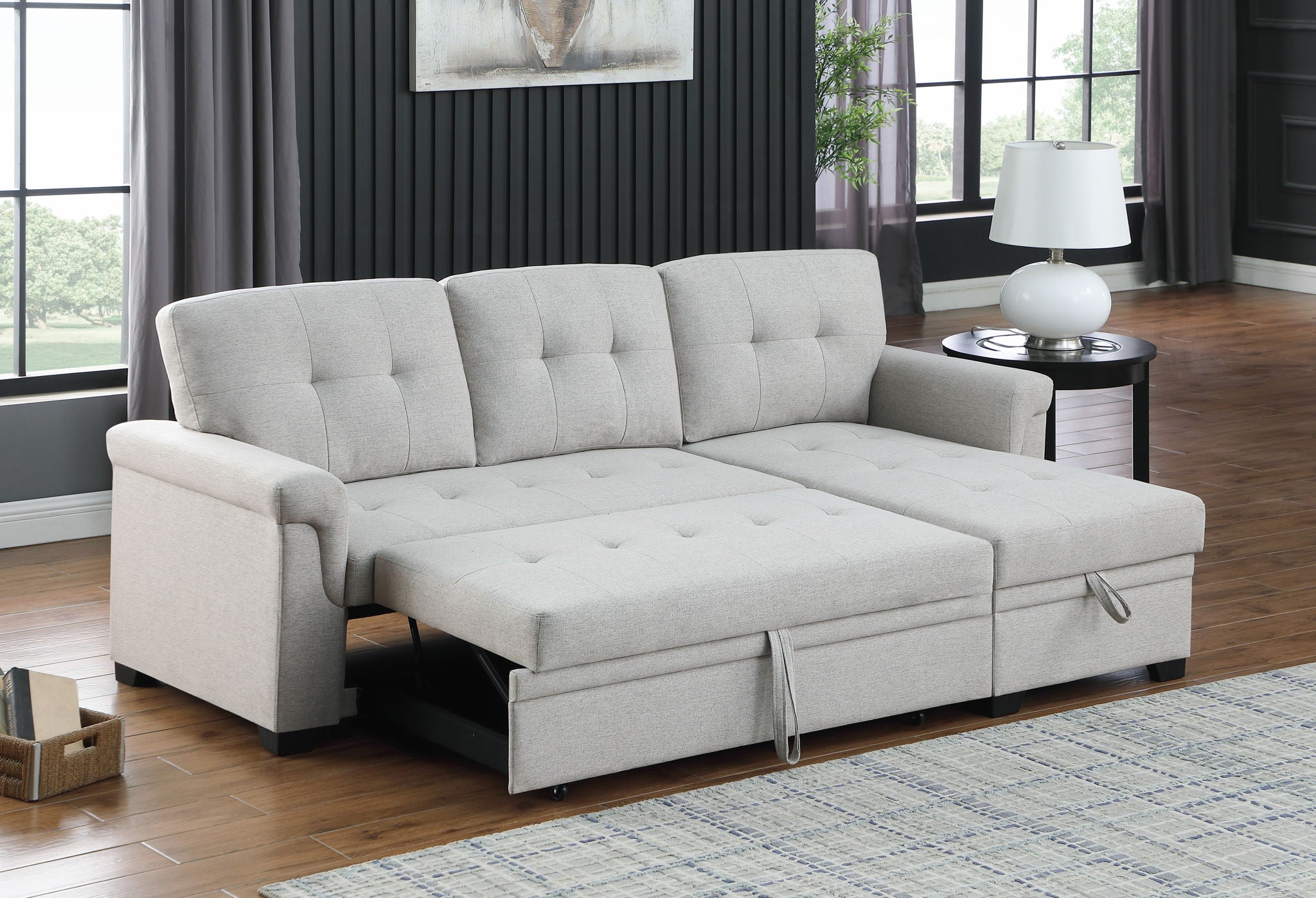 Lucca - Linen Reversible Sleeper Sectional Sofa With Storage Chaise - Best Buy Furniture