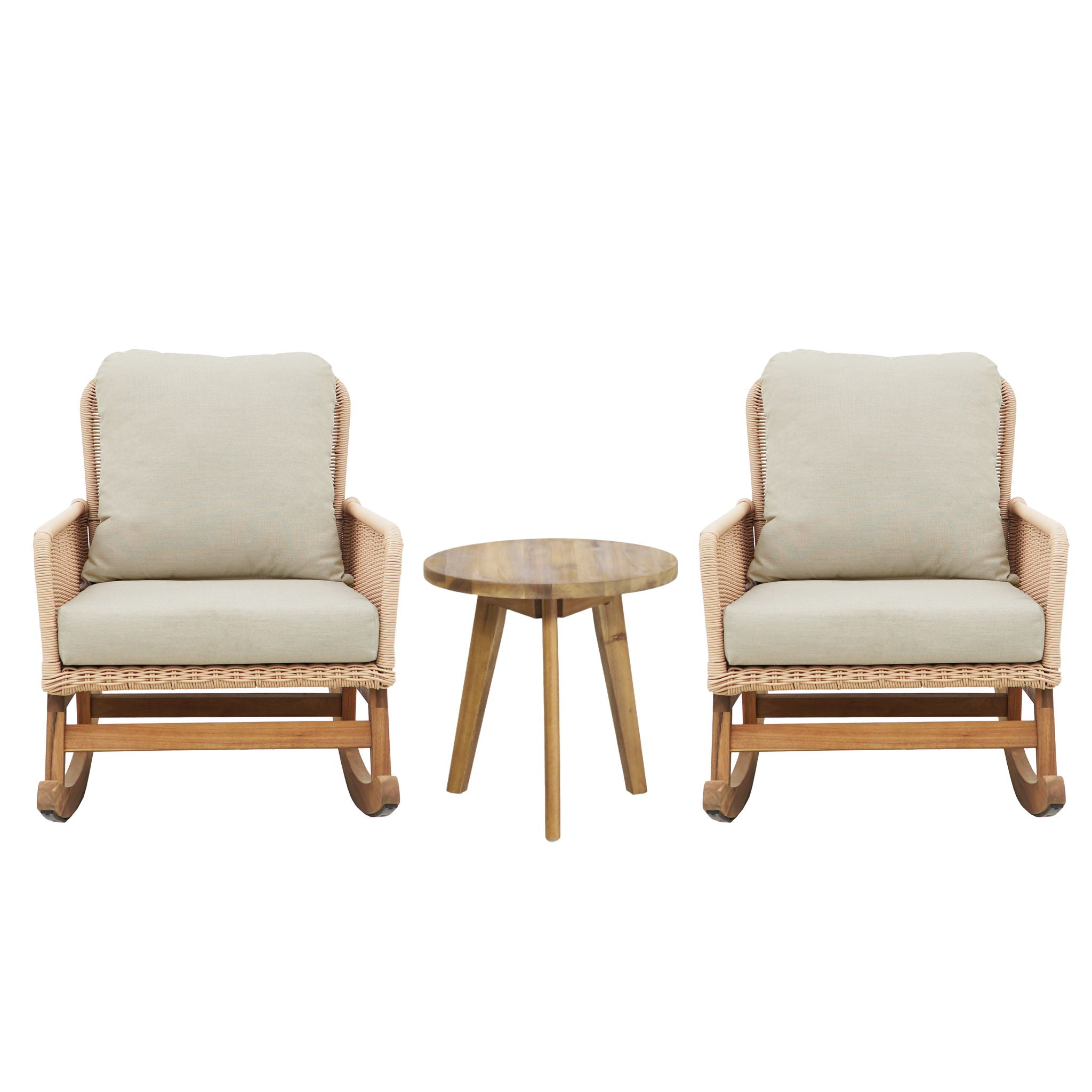 Modern 3 Piece Outdoor Seating Set With Cushioned Rattan Rocking Chairs And Wooden Accent Table - Best Buy Furniture