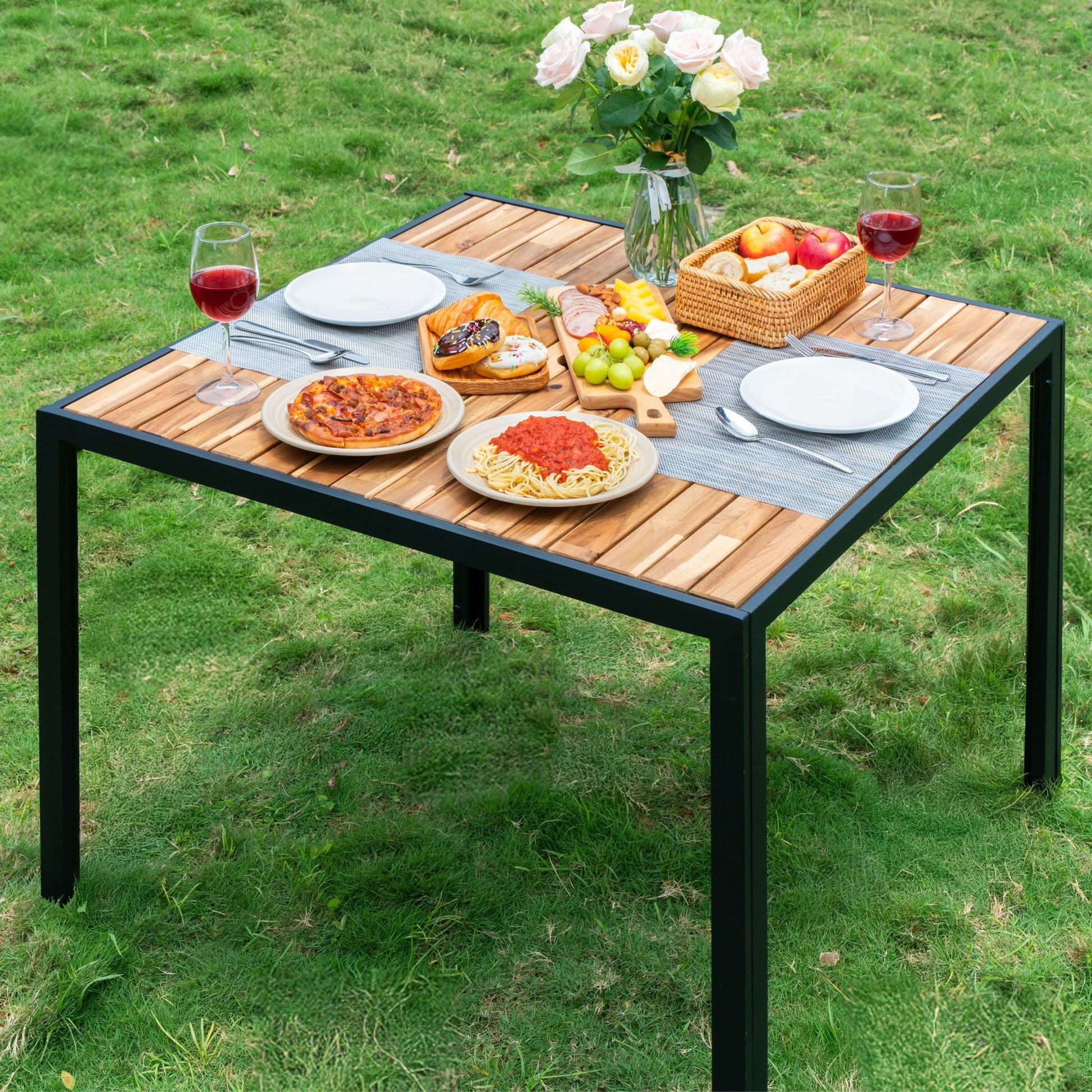 5 Piece Patio Dining Table Set, Acacia Wood Table Top With Umbrella Hole - Best Buy Furniture