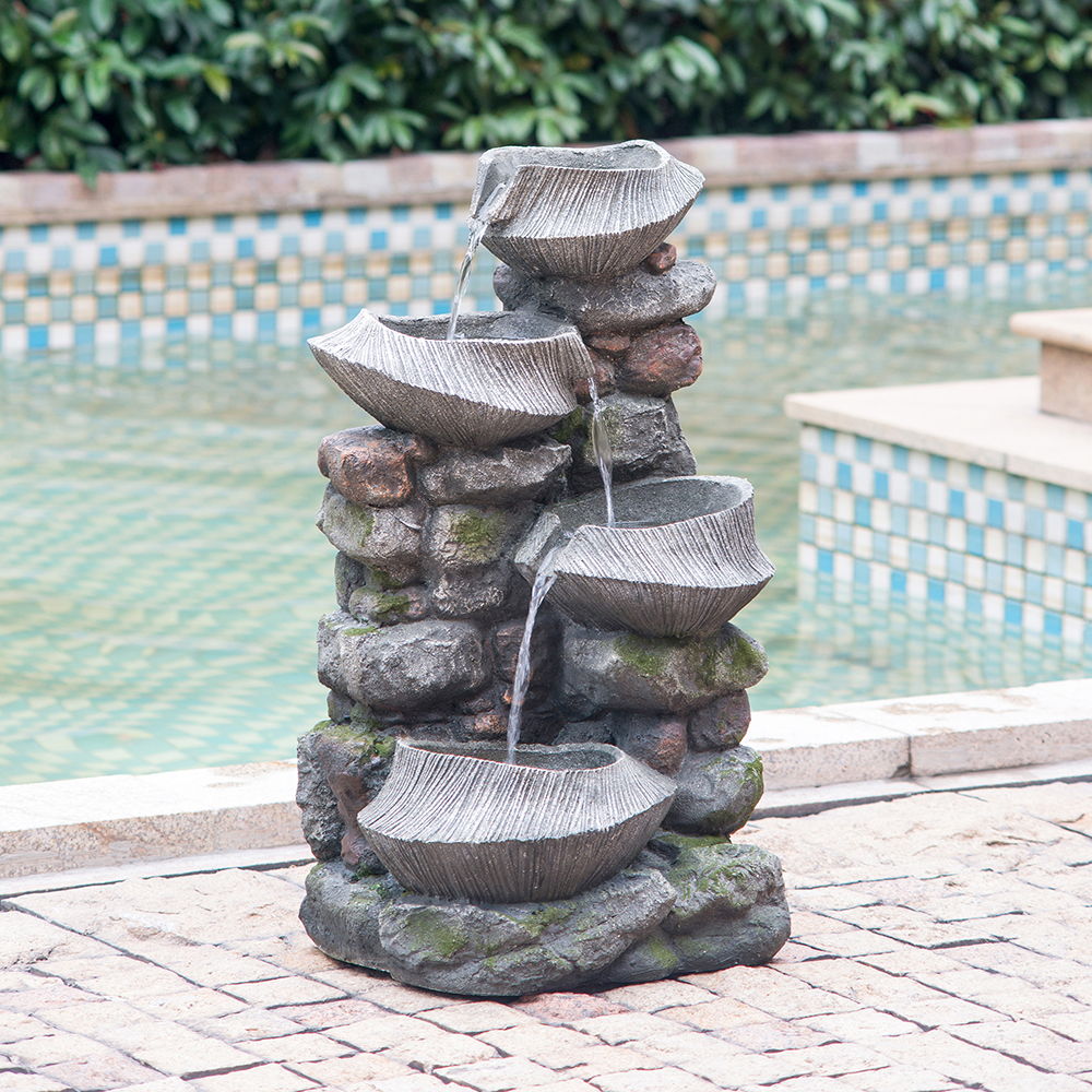 Indoor Outdoor Stone Water Fountain, 4 Tier Polyresin Cascading Rock Bowl Freestanding Fountain With LED Ligh - Gray - Best Buy Furniture
