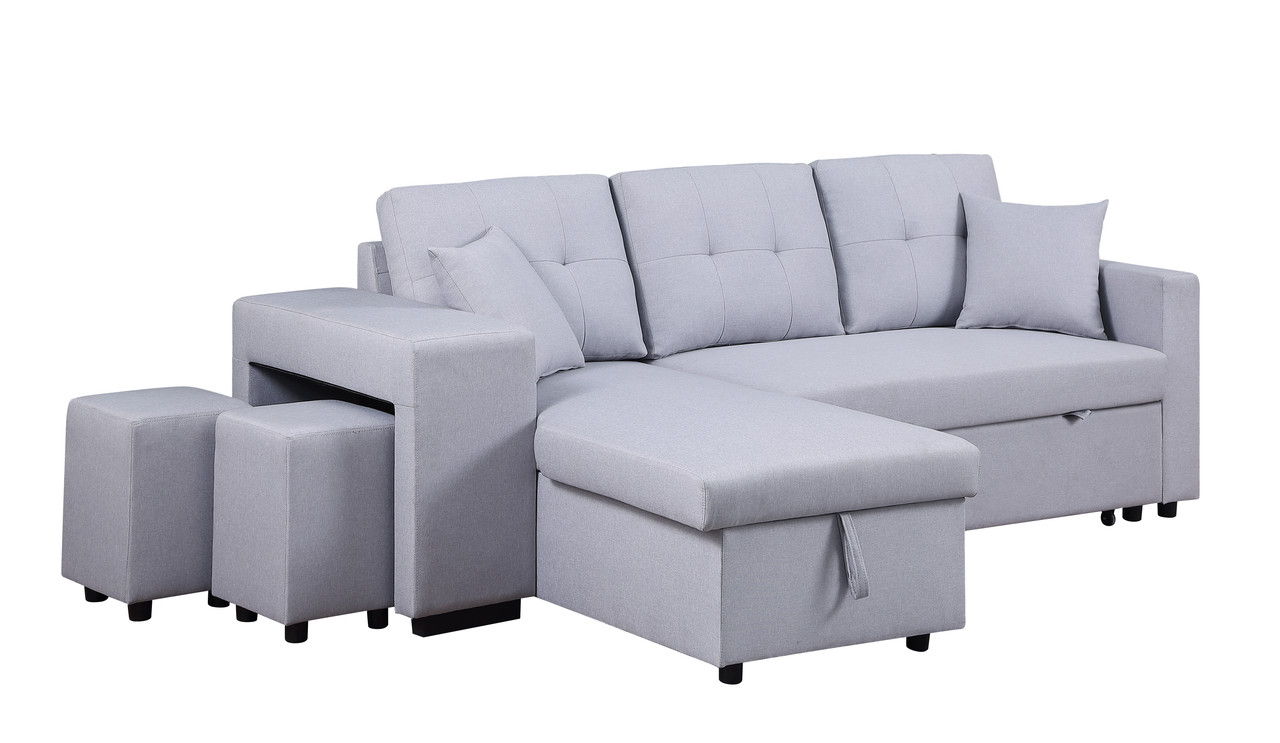 Dennis - Linen Fabric Reversible Sleeper Sectional With Storage Chaise And 2 Stools - Best Buy Furniture