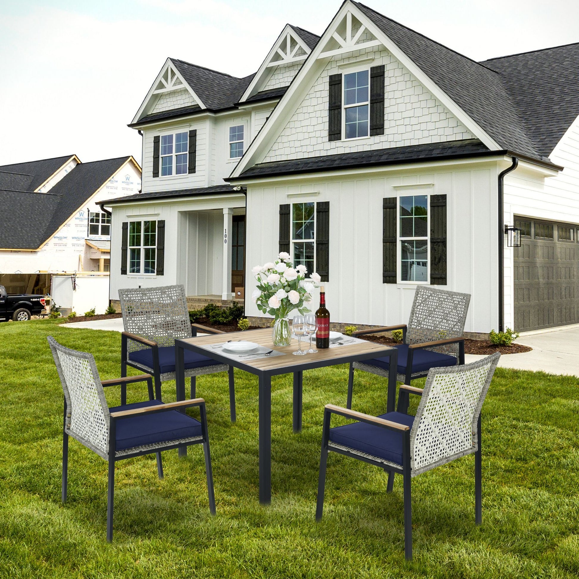 5 Piece Patio Dining Table Set, Acacia Wood Table Top With Umbrella Hole - Best Buy Furniture