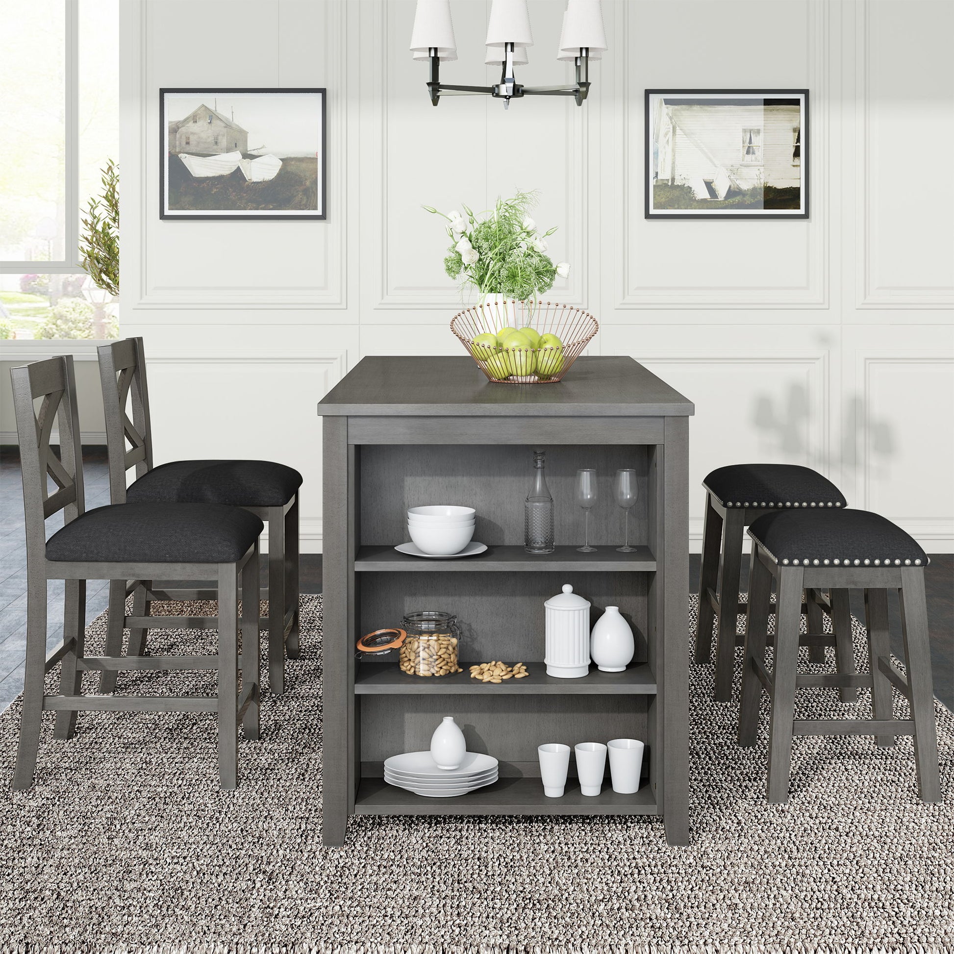 5 Pieces Counter Height Rustic Farmhouse Dining Room Wooden Bar Table Set With 2 Stools And 2 Chairs - Best Buy Furniture
