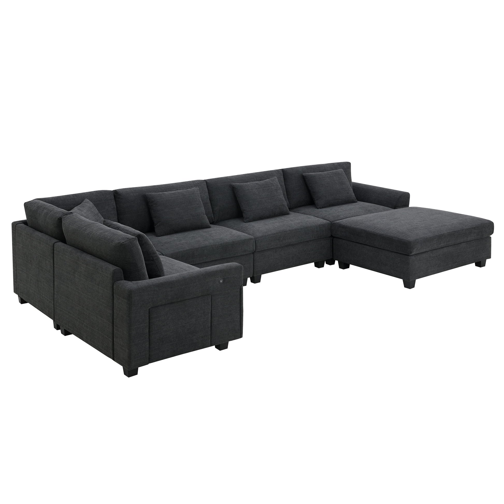 U Shaped Sectional Sofa 6 Seat Couch Set With Oversized Ottoman, Hidden Armrest Storage And Cup Holders USB Charging Ports Wide Seat Sofa - Best Buy Furniture