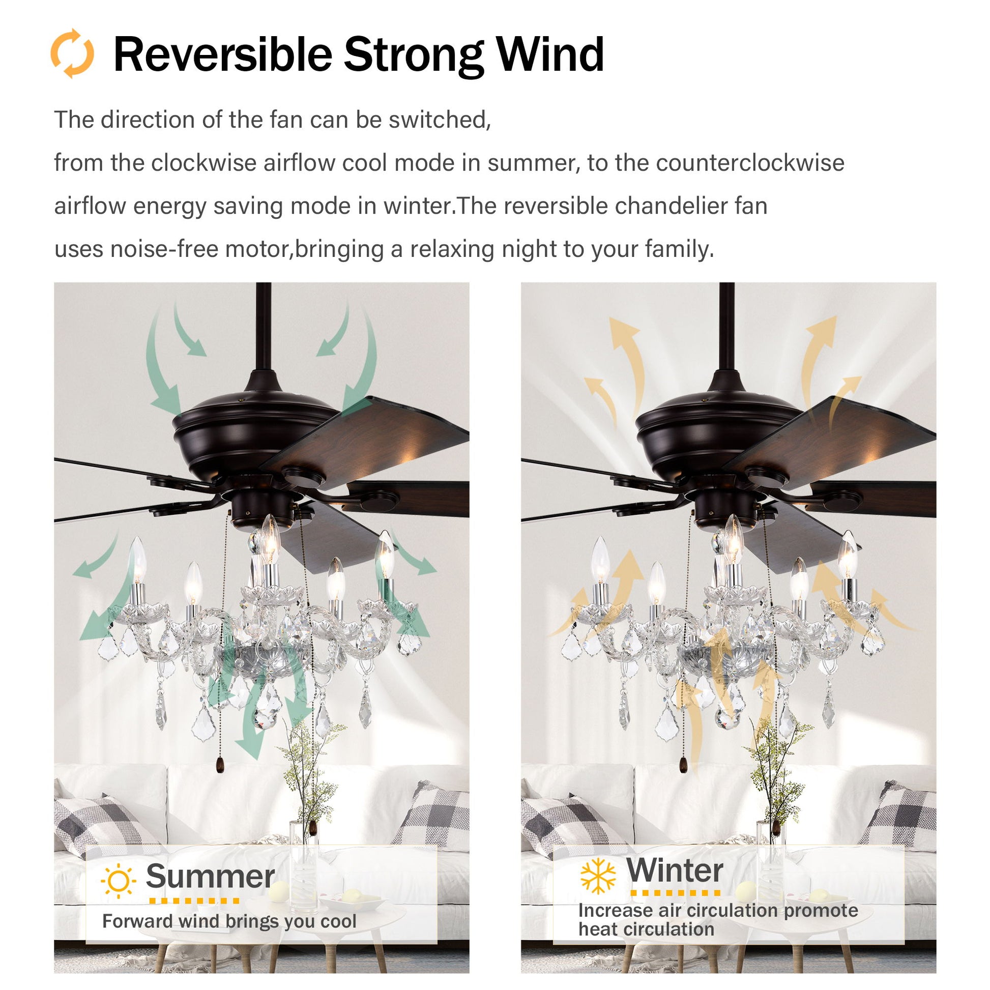 52" Crystal Shade Ceiling Fan Lamp, 3 Speed, 4 Timing, 5 Reversible Blades Crystal Ceiling Fan, 5 Pieces X E12 (No Include Bulb), Hand Pull Chain - Matte Black - Best Buy Furniture