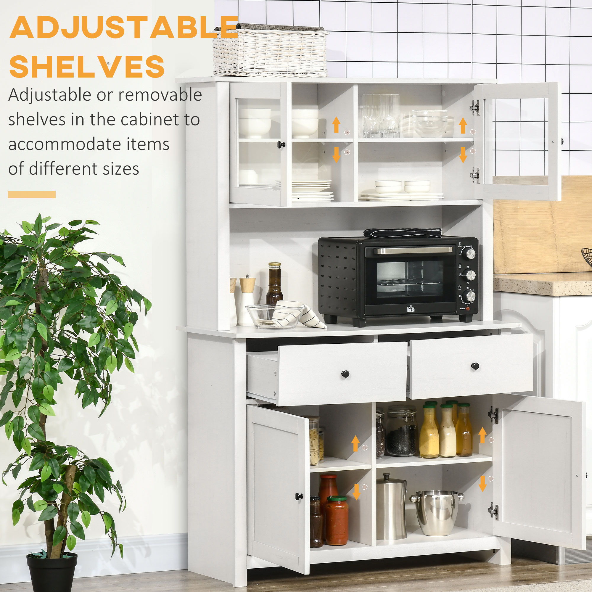 Homcom - 63.5" Kitchen Buffet With Hutch, Pantry Storage Cabinet With 4 Shelves, Drawers, Framed Glass Doors, Open Microwave Countertop - Antique White - Best Buy Furniture