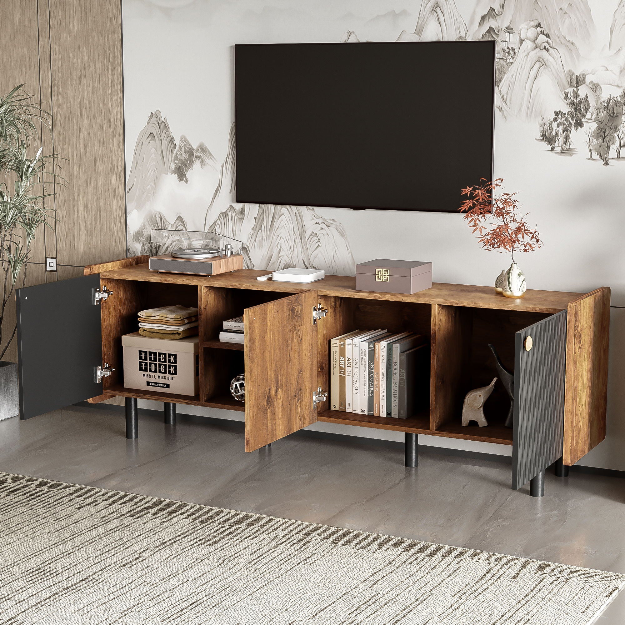 Mid Century TV Stand & 3 Cabinets, Media Console Table For Tvs Up To 70'', Entertainment Center With Storage For Living Room - Black / Brown - Best Buy Furniture