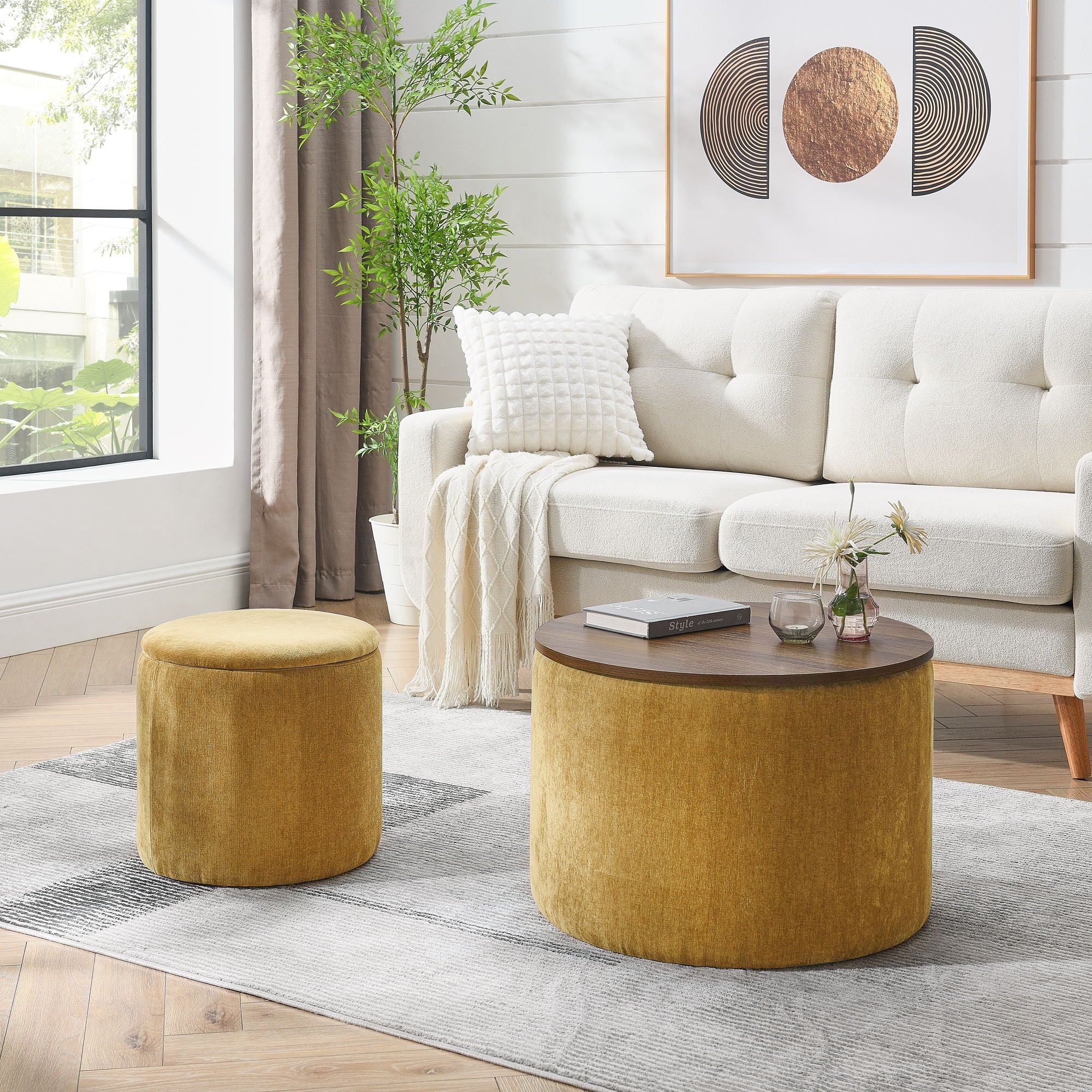 Classic 2 Piece Round Storage Ottoman Set With Drum Shaped Stool - Best Buy Furniture