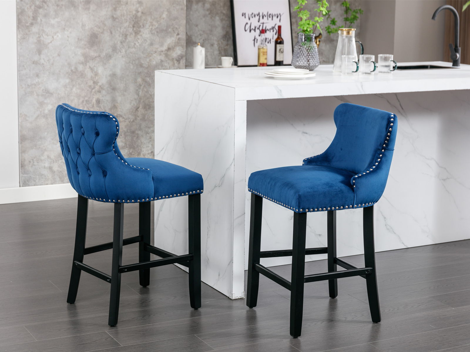 Contemporary Velvet Upholstered Wing-Back Barstools With Button Tufted Decoration And Wooden Legs, And Chrome Nailhead Trim, Leisure Style Bar Chairs, Bar Stools (Set of 2) - Best Buy Furniture