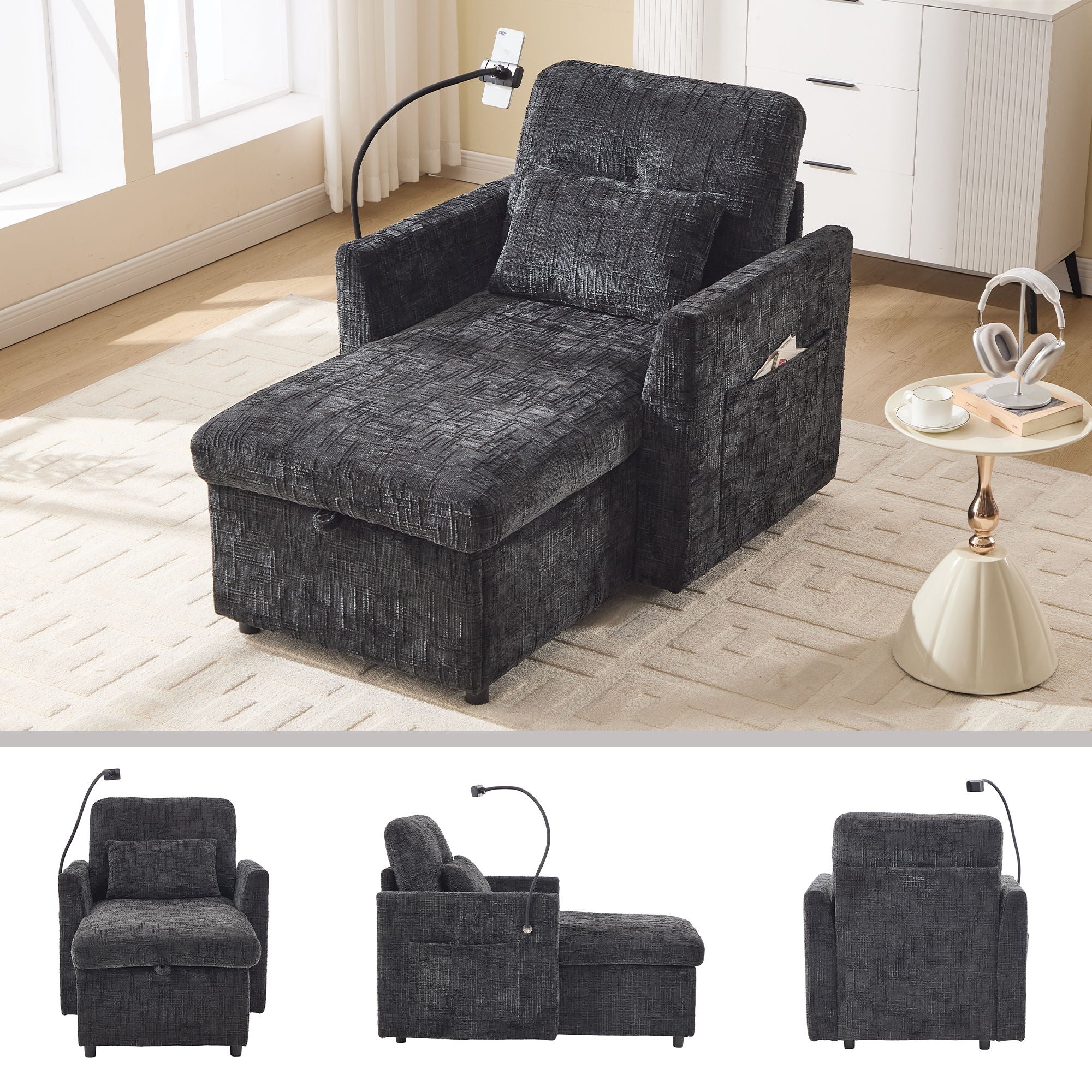 Multifunctional Chenille Recliner Sofa With Storage And Phone Bracket - Best Buy Furniture