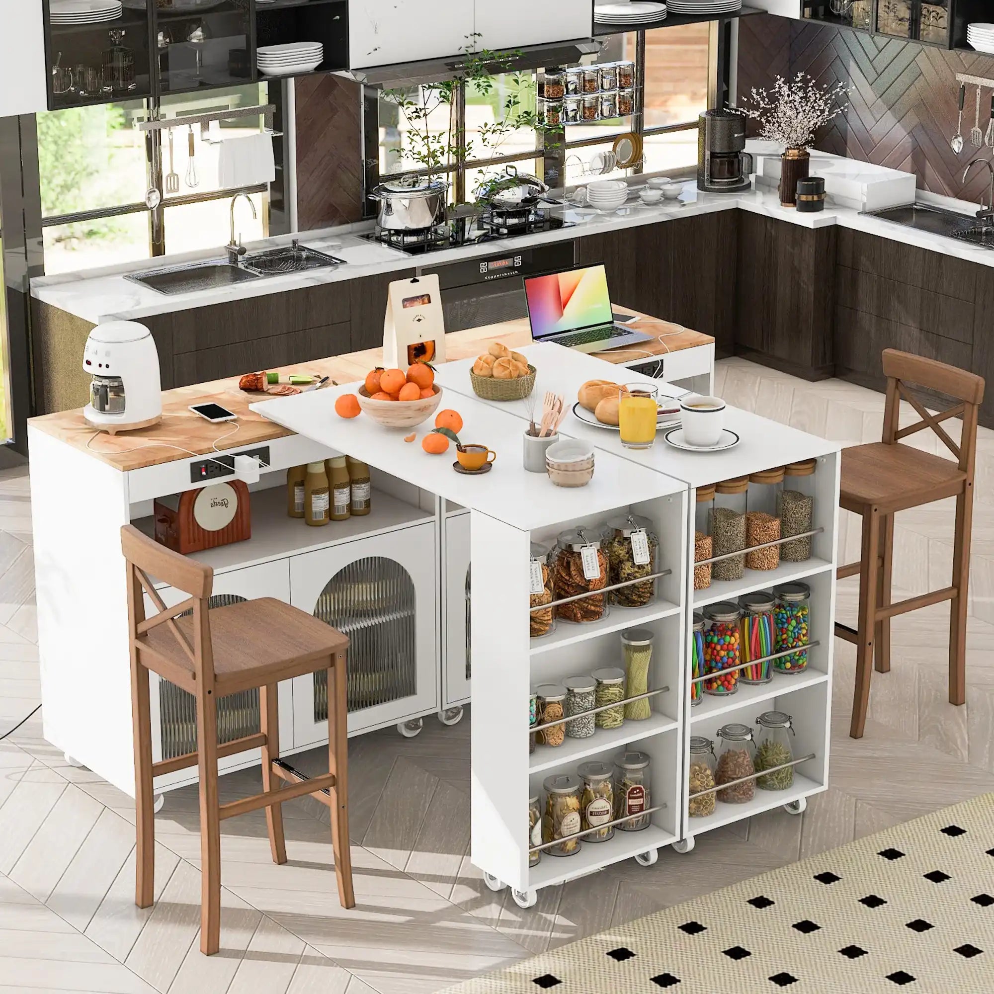 K&K Rolling Kitchen Island with Extended Table and Storage, White - Best Buy Furniture