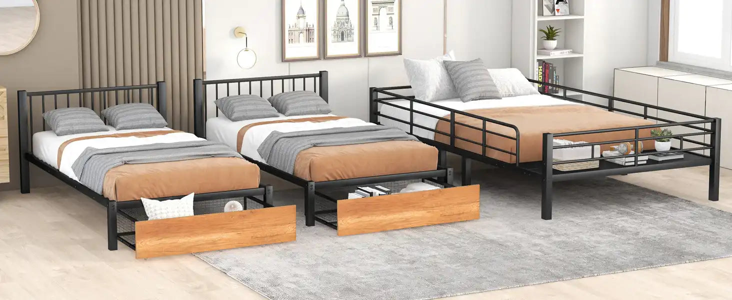 Full Over Twin & Twin Bunk Bed, Metal Triple Bunk Bed with Drawers and Guardrails, Black - Best Buy Furniture