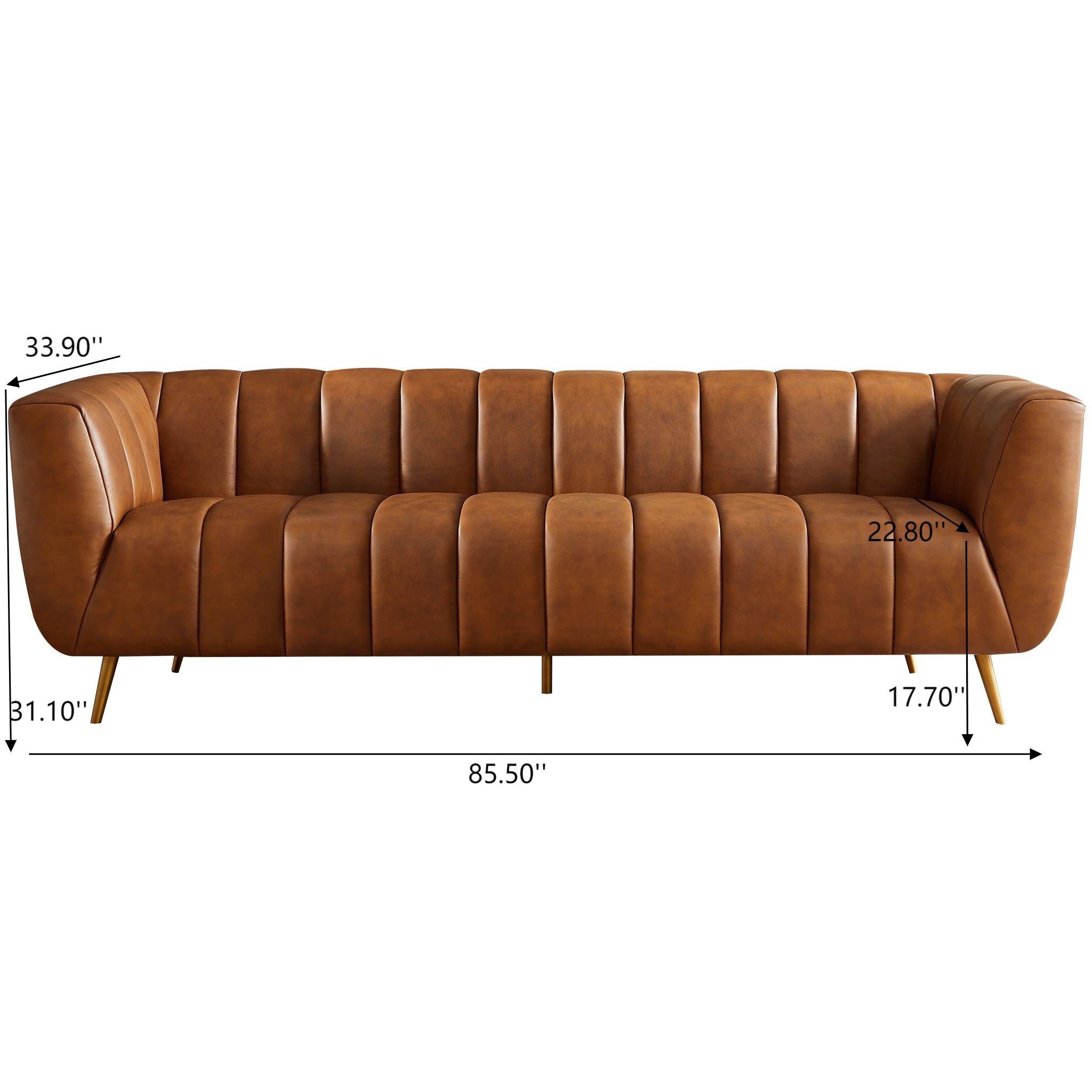 Ava - Genuine Italian Leather Channel Tufted Sofa - Gold / Tan - Best Buy Furniture