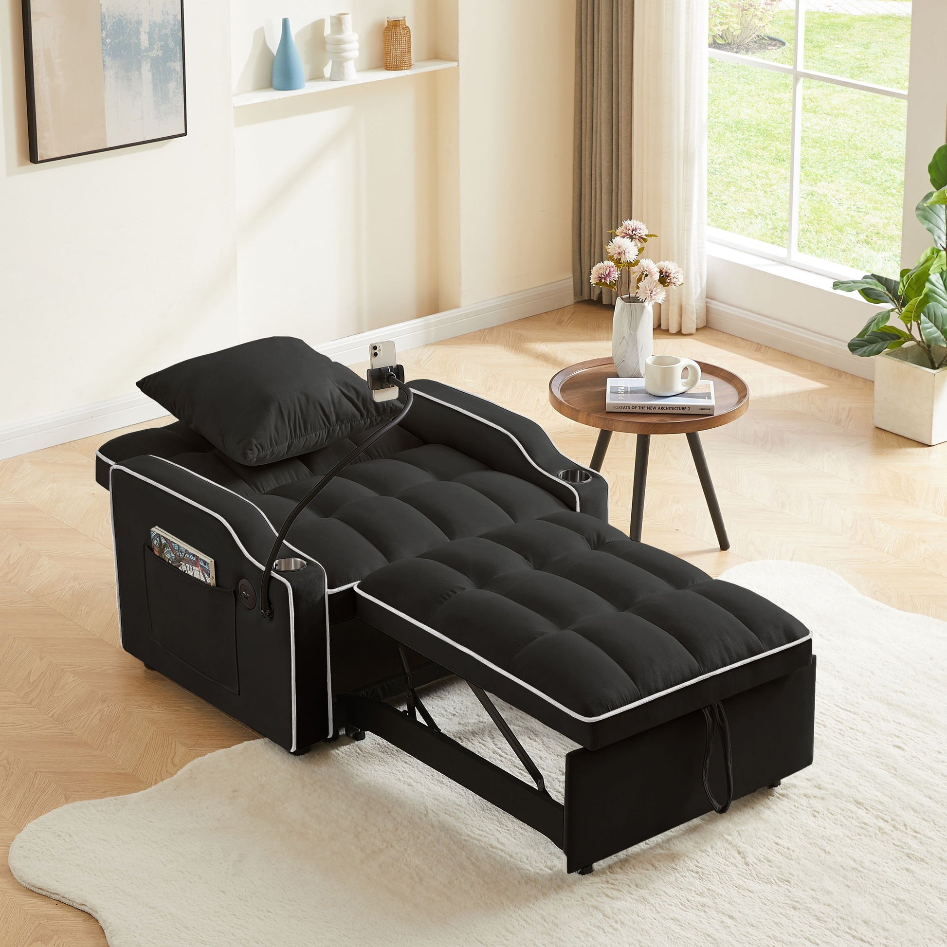 Convertible Velvet 3 In 1 Sofa Bed With Adjustable Sleeper Chair And Multi Pockets - Best Buy Furniture