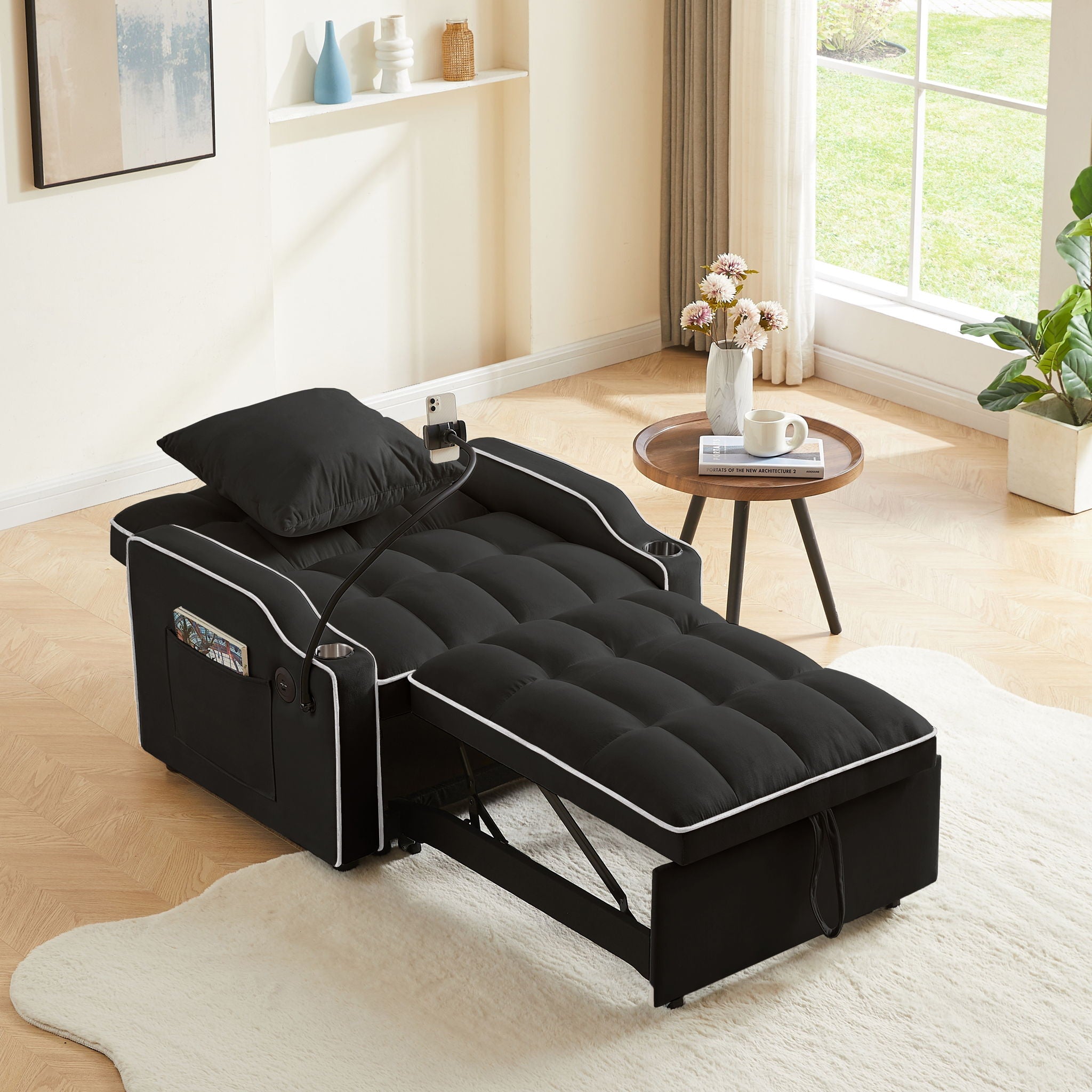 Convertible Velvet 3 In 1 Sofa Bed With Adjustable Sleeper Chair And Multi Pockets - Best Buy Furniture