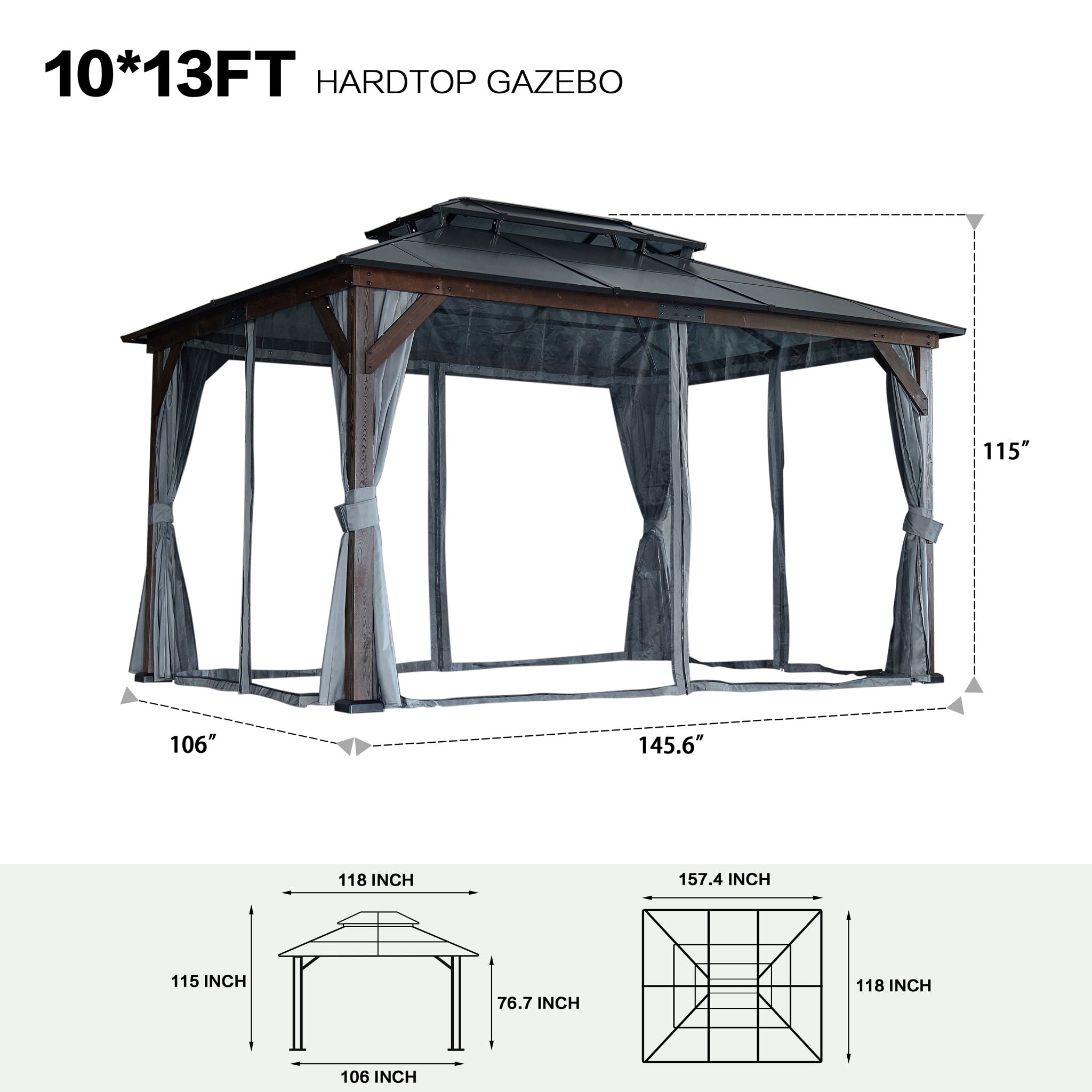 10' x 13' Hardtop Wood Gazebo For Patios, Outdoor Framed Gazebo With Polycarbonate Double Roof Canopy, Solid Wooden Framed Gazebo With Privacy Curtains And Mosquito Nettings For Garden, Backyard - Black - Best Buy Furniture