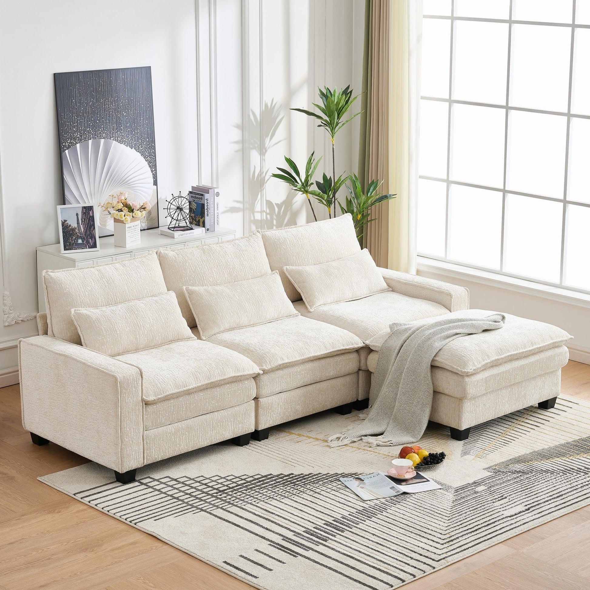Modern Comfy Chenille L Shaped Sectional Sofa With Movable Ottoman - Best Buy Furniture