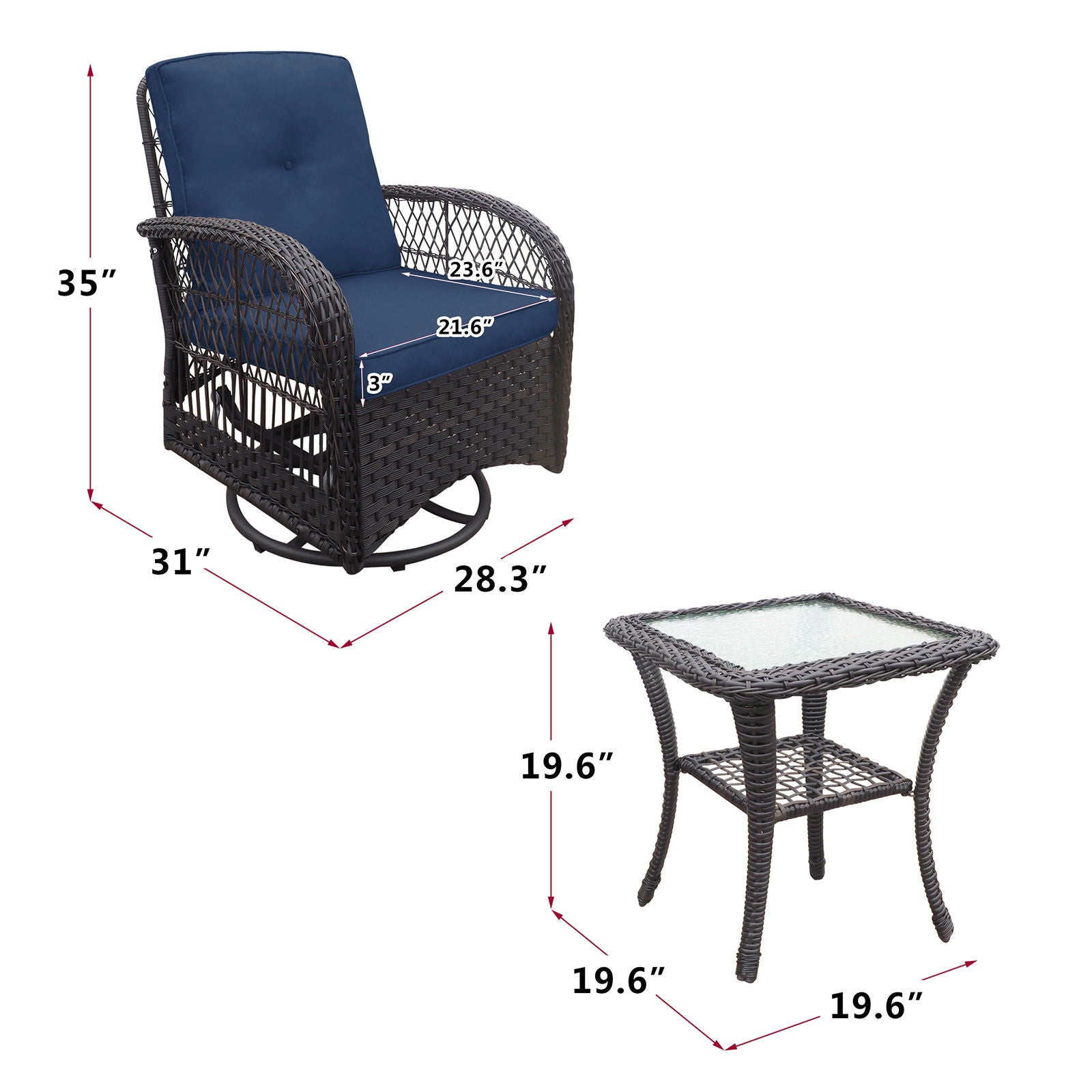 3 Pieces Conversation Set, Outdoor Wicker Rocker Swivel Patio Bistro Set, Rocking Chair With Glass Top Side Table - Best Buy Furniture