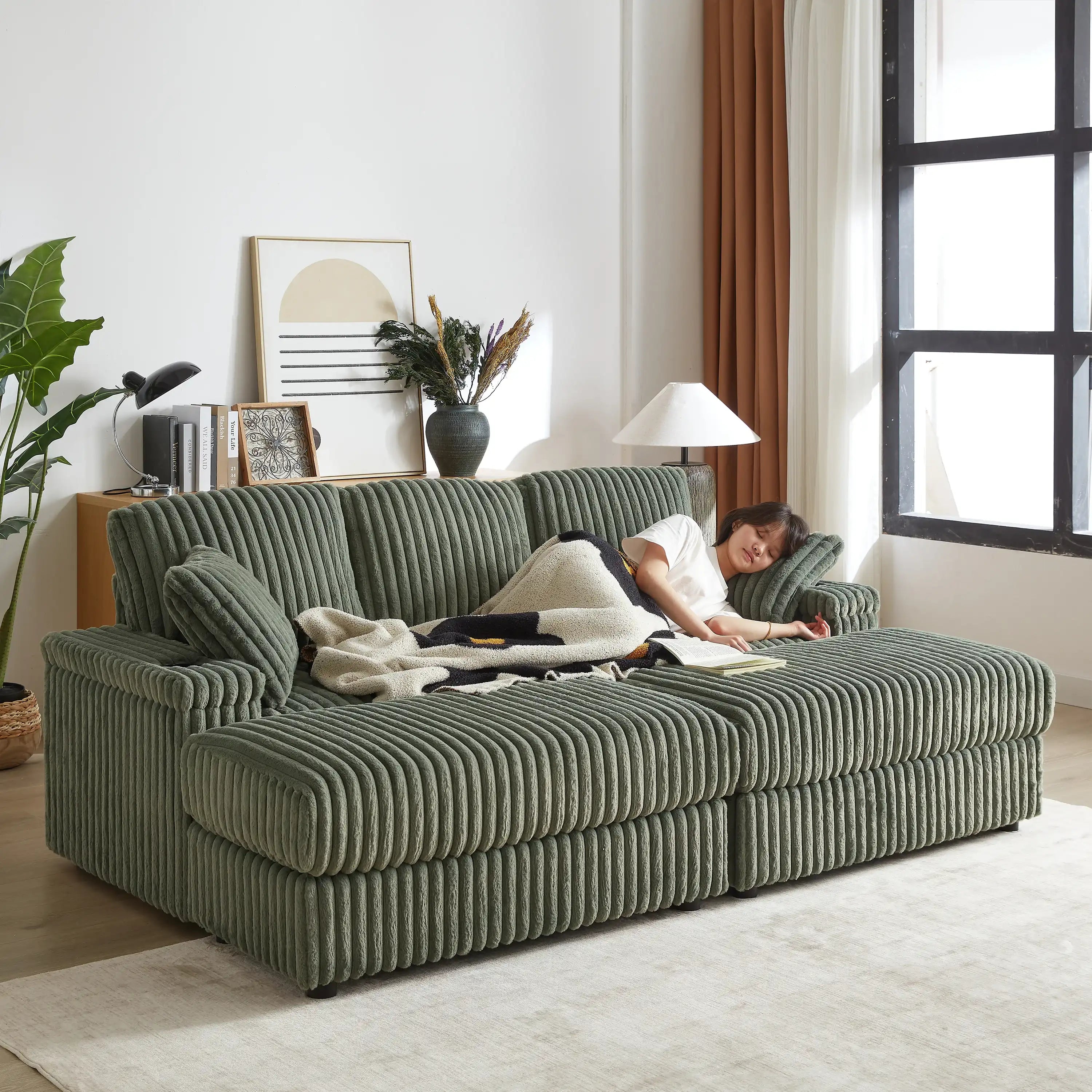 Xena Modern Corduroy Sofa With Cupholders with Storage And Ottomans - Best Buy Furniture