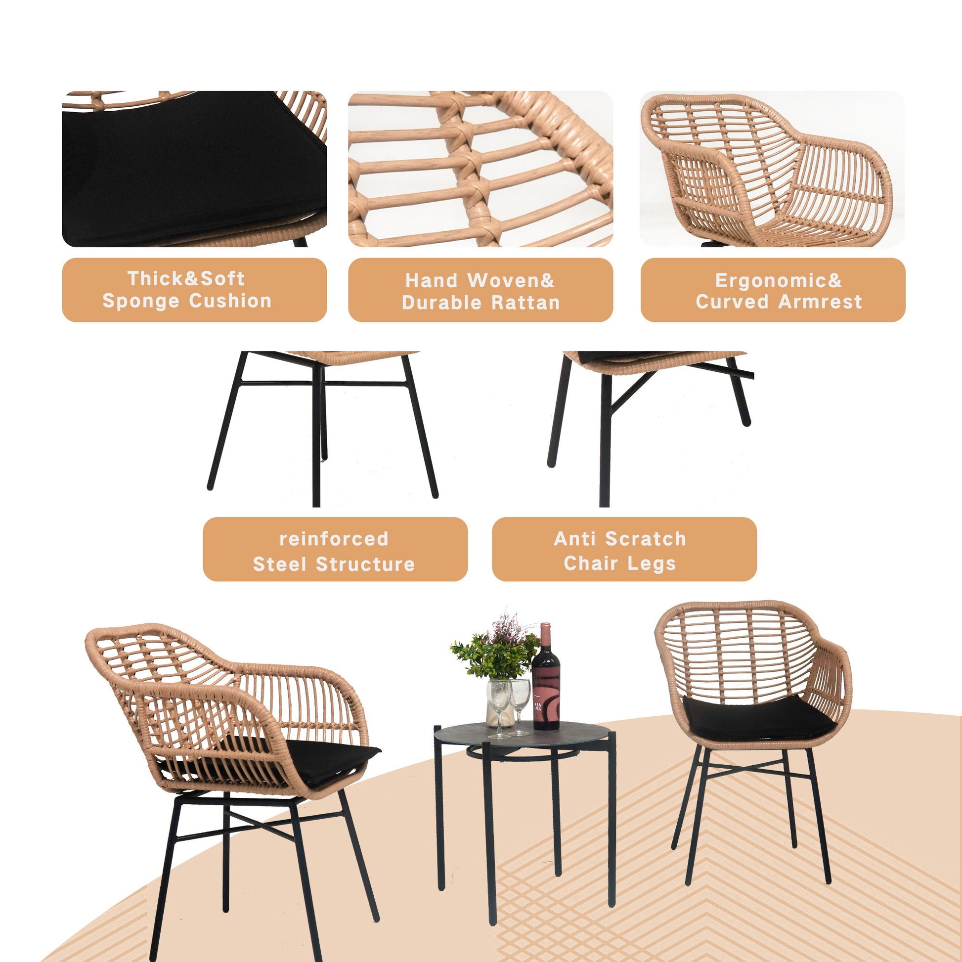 3 Pieces Of Luxury Outdoor Wicker Furniture, Patio Bistro Style Table And Chair Combination, Weather Resistant PE Wicker Weave, Suitable For Garden - Black / Natural - Best Buy Furniture