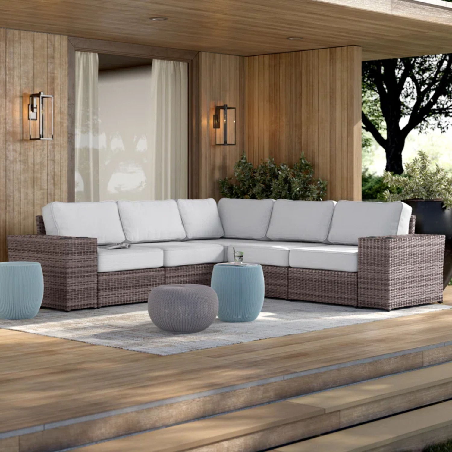Wide Reversible Outdoor Sectional Sofa With Cushions - Brown / Gray - Best Buy Furniture