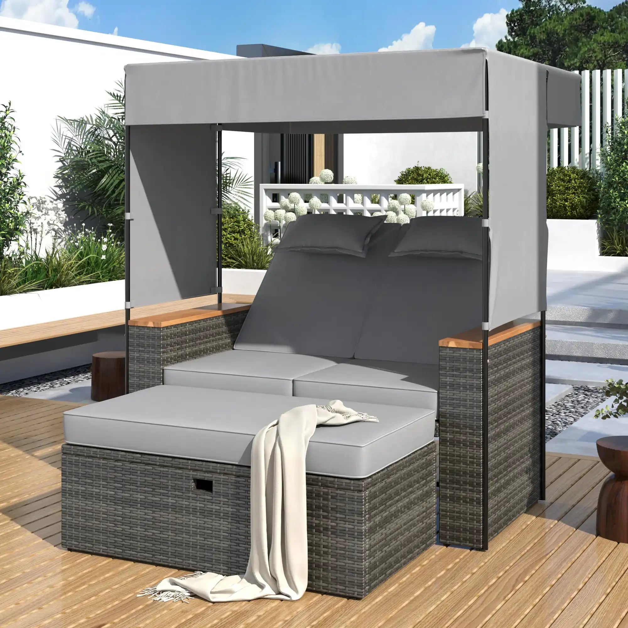 Modern 2-Piece Outdoor Daybed, Outdoor Bed with 5 Positions (Grey Wicker + Grey Fabric) - Best Buy Furniture