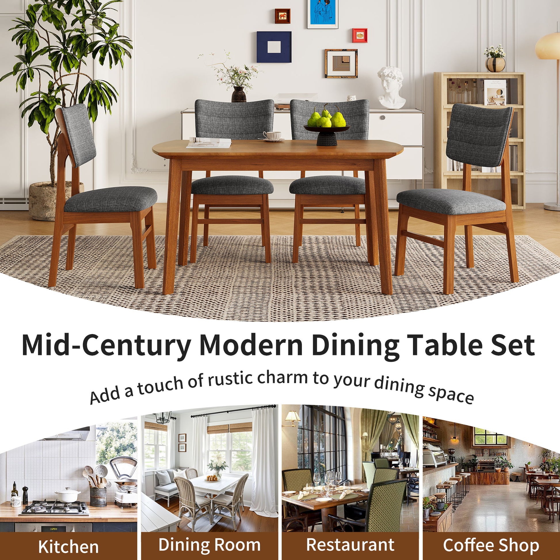 Mid Century Modern Dining Table Set For 4, Solid Wood Dining Table And Solid Wood Chairs, 5 Pieces Farmhouse Dining Table And 4 Upholstered Chairs - Brown / Gray - Best Buy Furniture