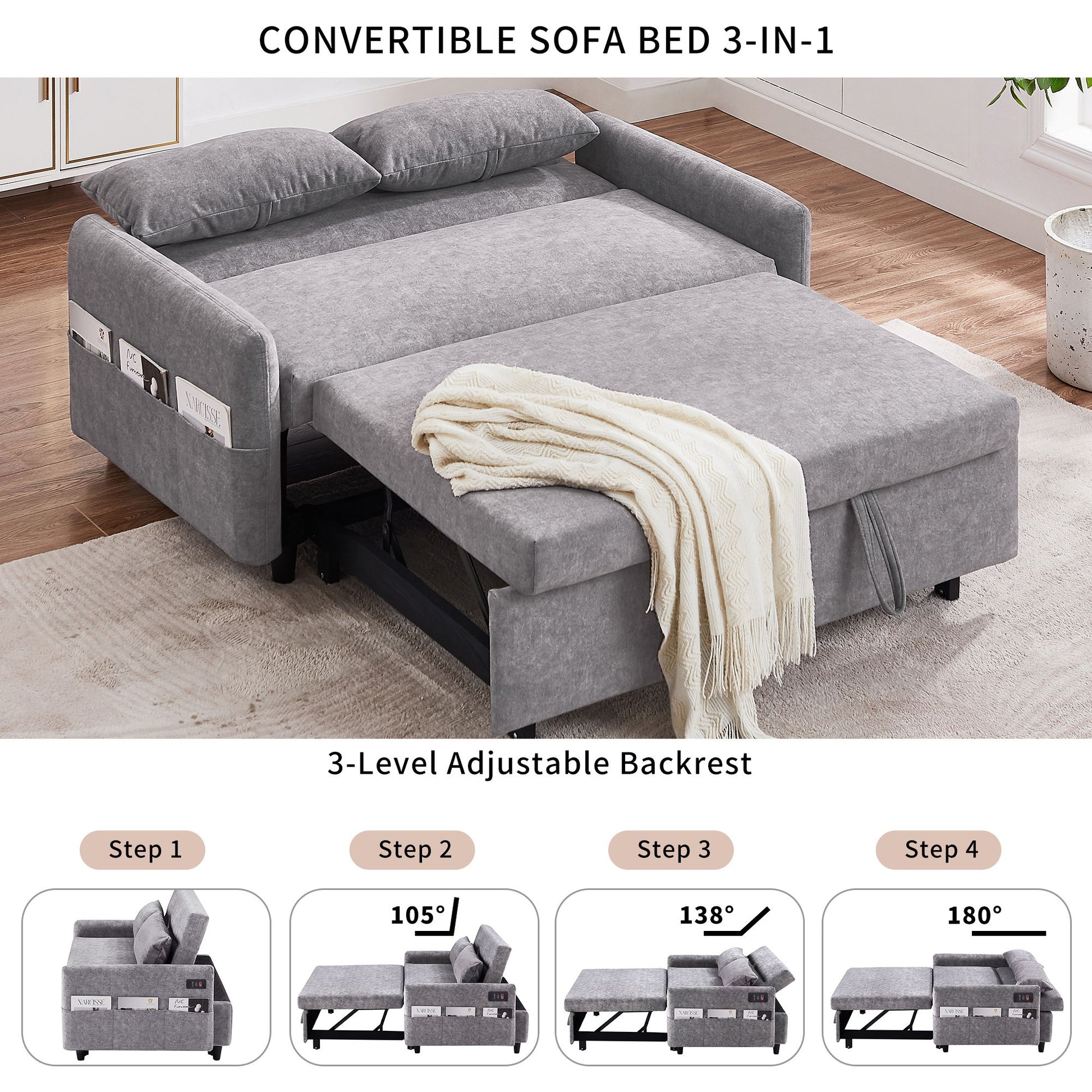 Pull Out Sleep Sofa Bed Loveseats Sofa Couch With Adjsutable Backrest, Storage Pockets, 2 Soft Pillows, USB Ports For Living Room, Bedroom, Apartment, Office - Best Buy Furniture