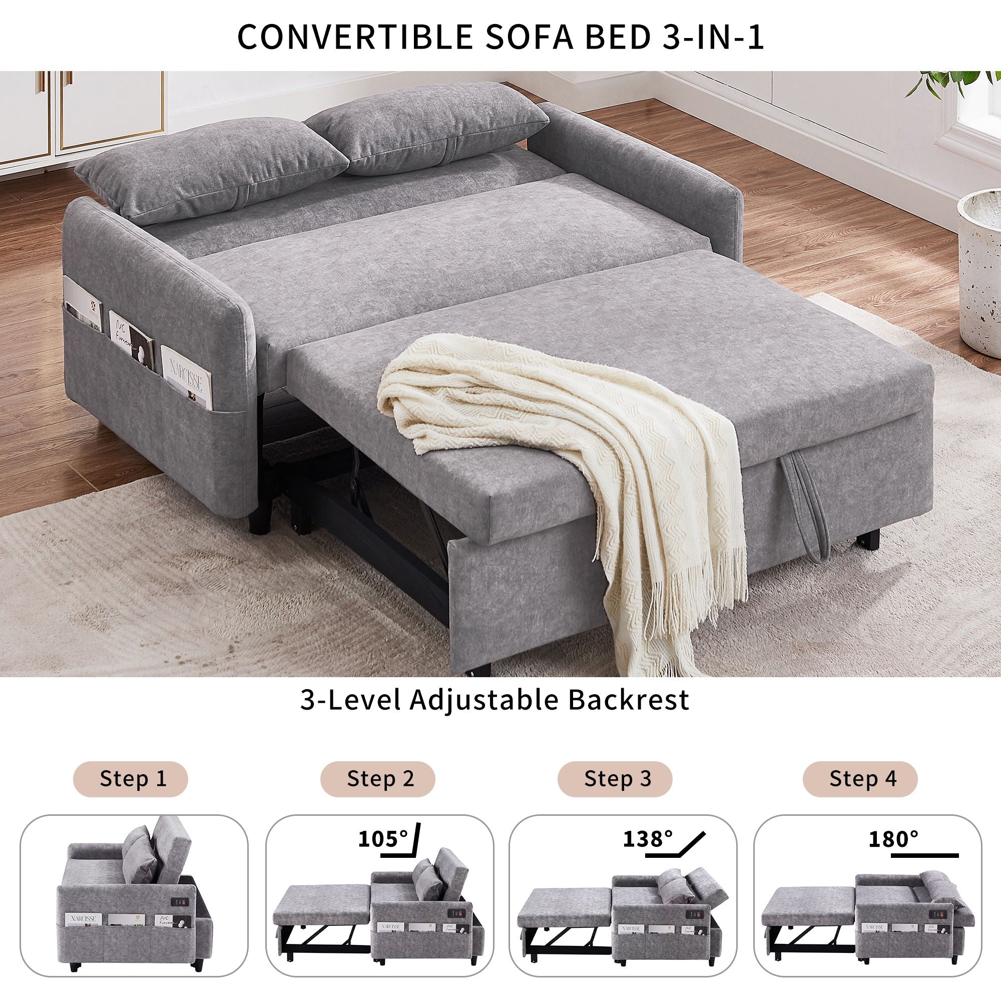 Pull Out Sleep Sofa Bed Loveseats Sofa Couch With Adjsutable Backrest, Storage Pockets, 2 Soft Pillows, USB Ports For Living Room, Bedroom, Apartment, Office - Best Buy Furniture