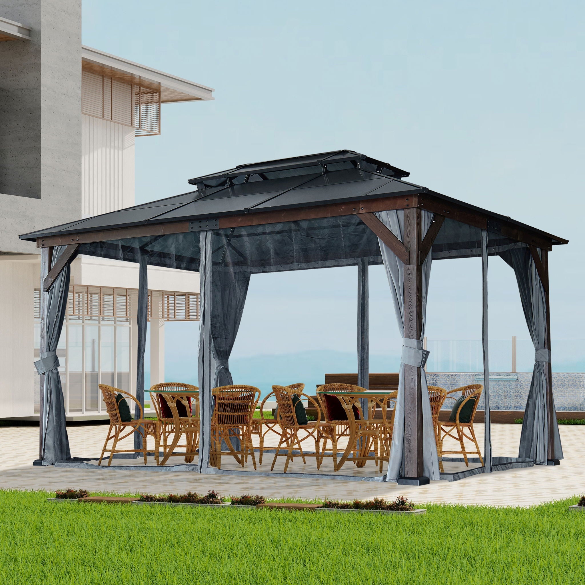 10' x 13' Hardtop Wood Gazebo For Patios, Outdoor Framed Gazebo With Polycarbonate Double Roof Canopy, Solid Wooden Framed Gazebo With Privacy Curtains And Mosquito Nettings For Garden, Backyard - Black - Best Buy Furniture