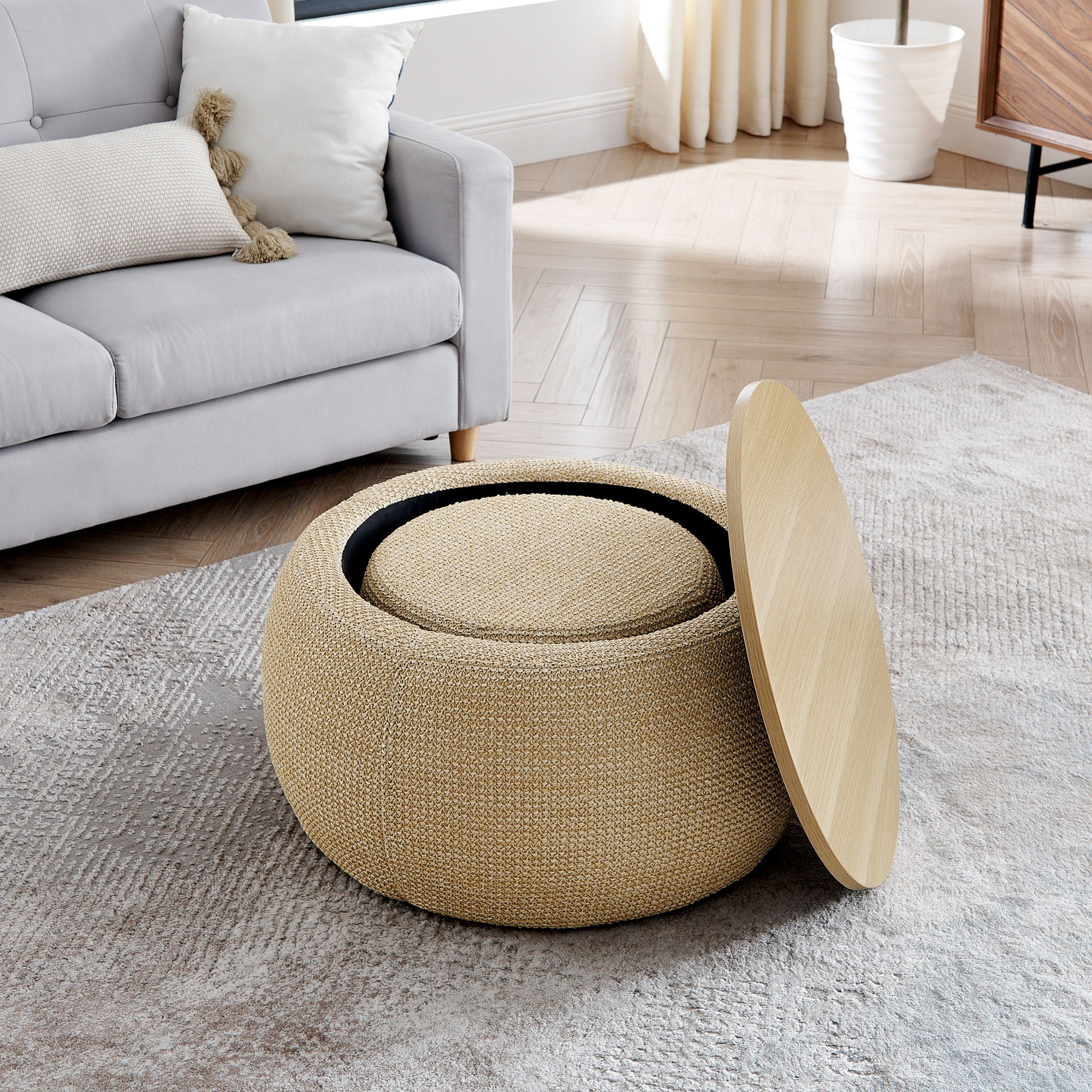Round Storage Ottoman, 2 In 1 Function, End Table And Ottoman - Best Buy Furniture