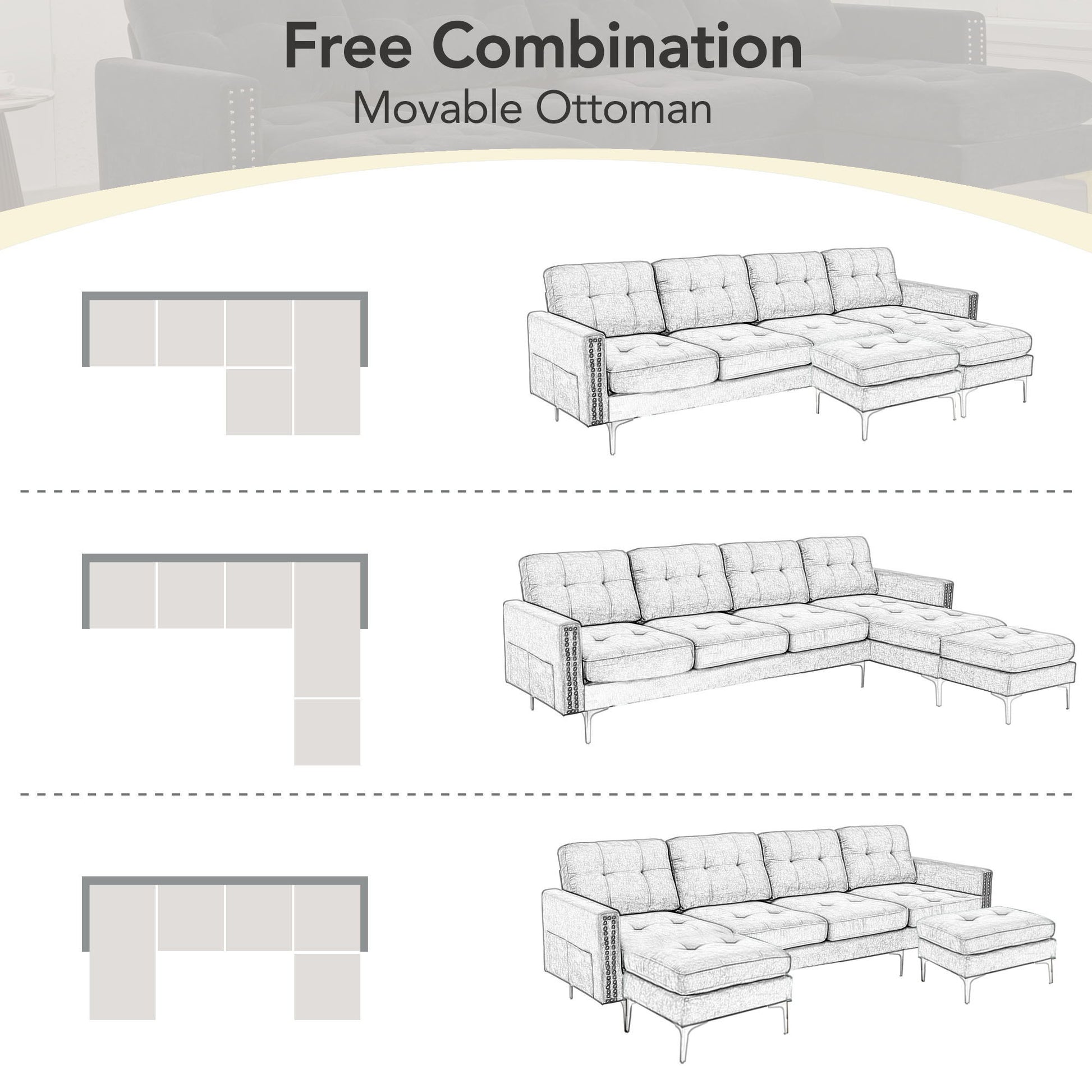 Modern L - Shape Convertible Sectional Sofa With Movable Ottoman - Best Buy Furniture