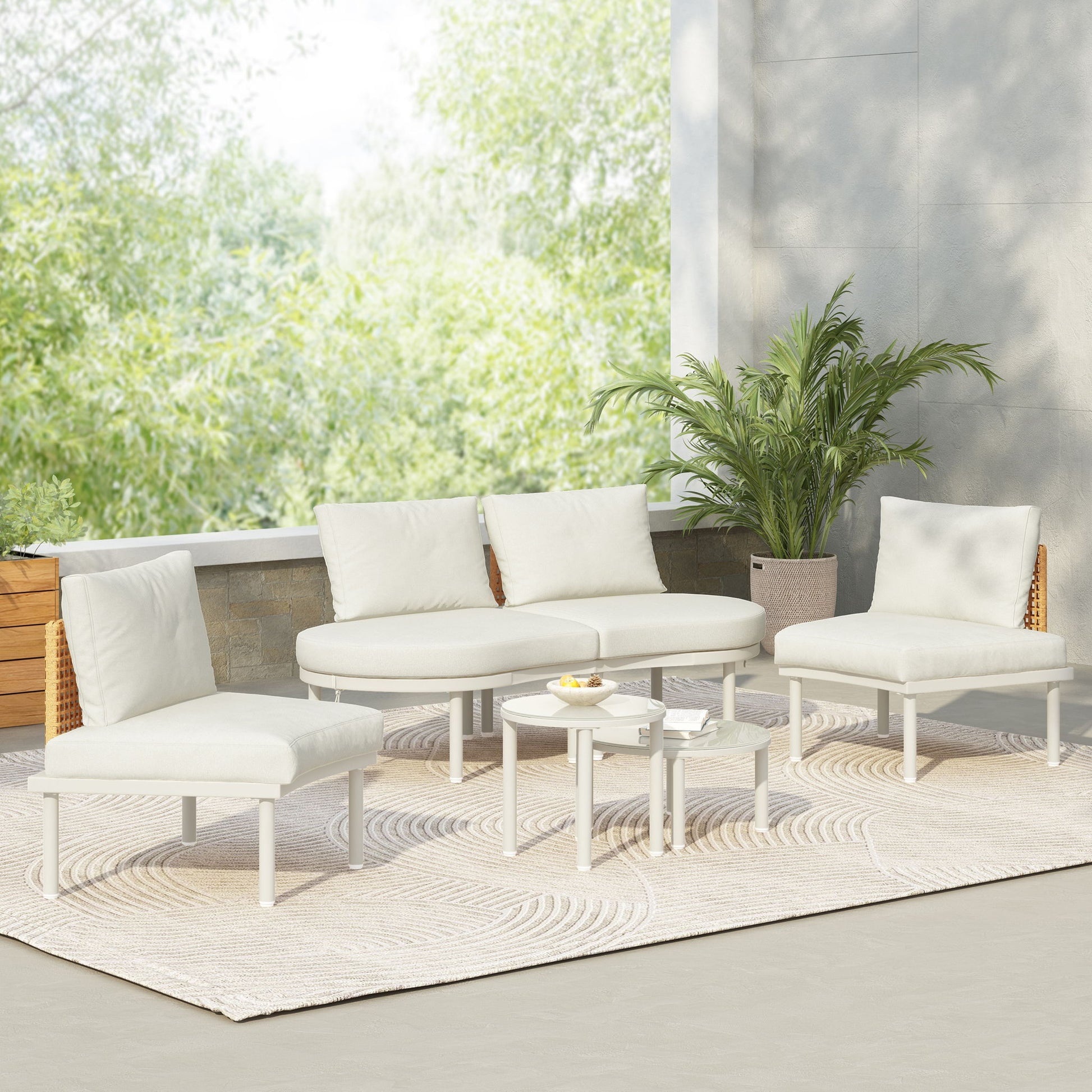6 Piece Patio Set, Half Moon Outdoor Sectional Sofa With 2 High Low Coffee Tables, 4 Pillows & Cushions - Best Buy Furniture