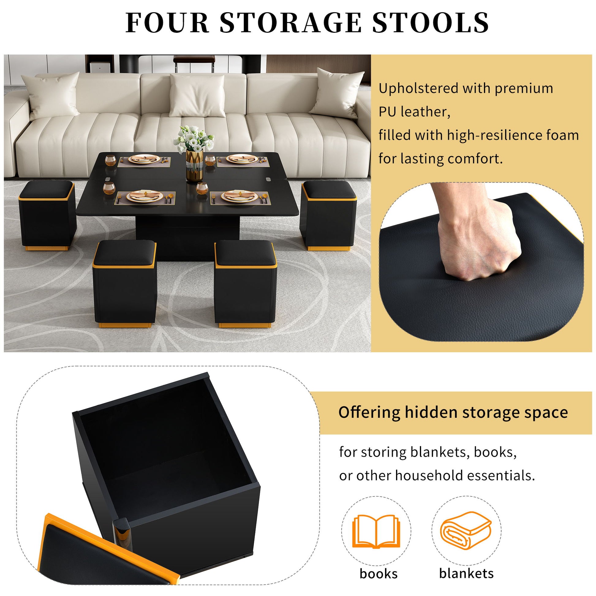 Multi Functional Adjustable Coffee Table With 4 Storage Stools - Best Buy Furniture