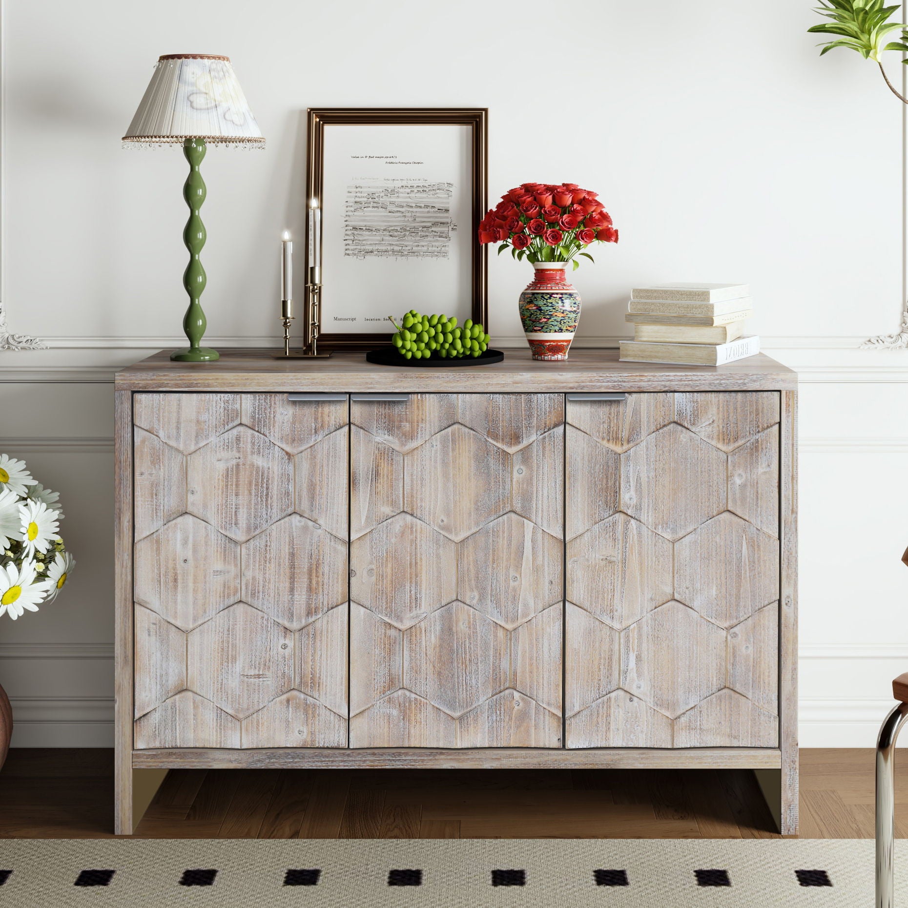 Accent Cabinet Farmhouse Style 3 Door Wooden Cabinet Sideboard Buffet Server Cabinet Storage Cabinet, For Living Room - Natural Wood Wash - Best Buy Furniture